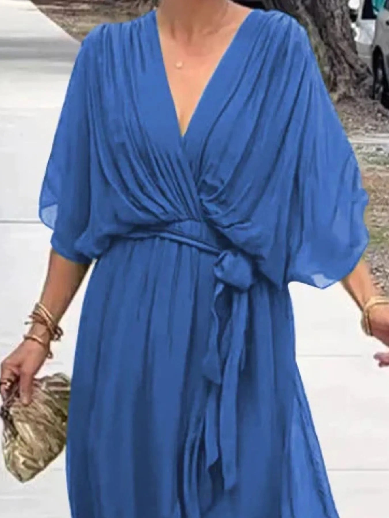 Full Size Flowy Tie Front Midi Dress with Flutter Sleeves Plus Size - MAD RUFFI