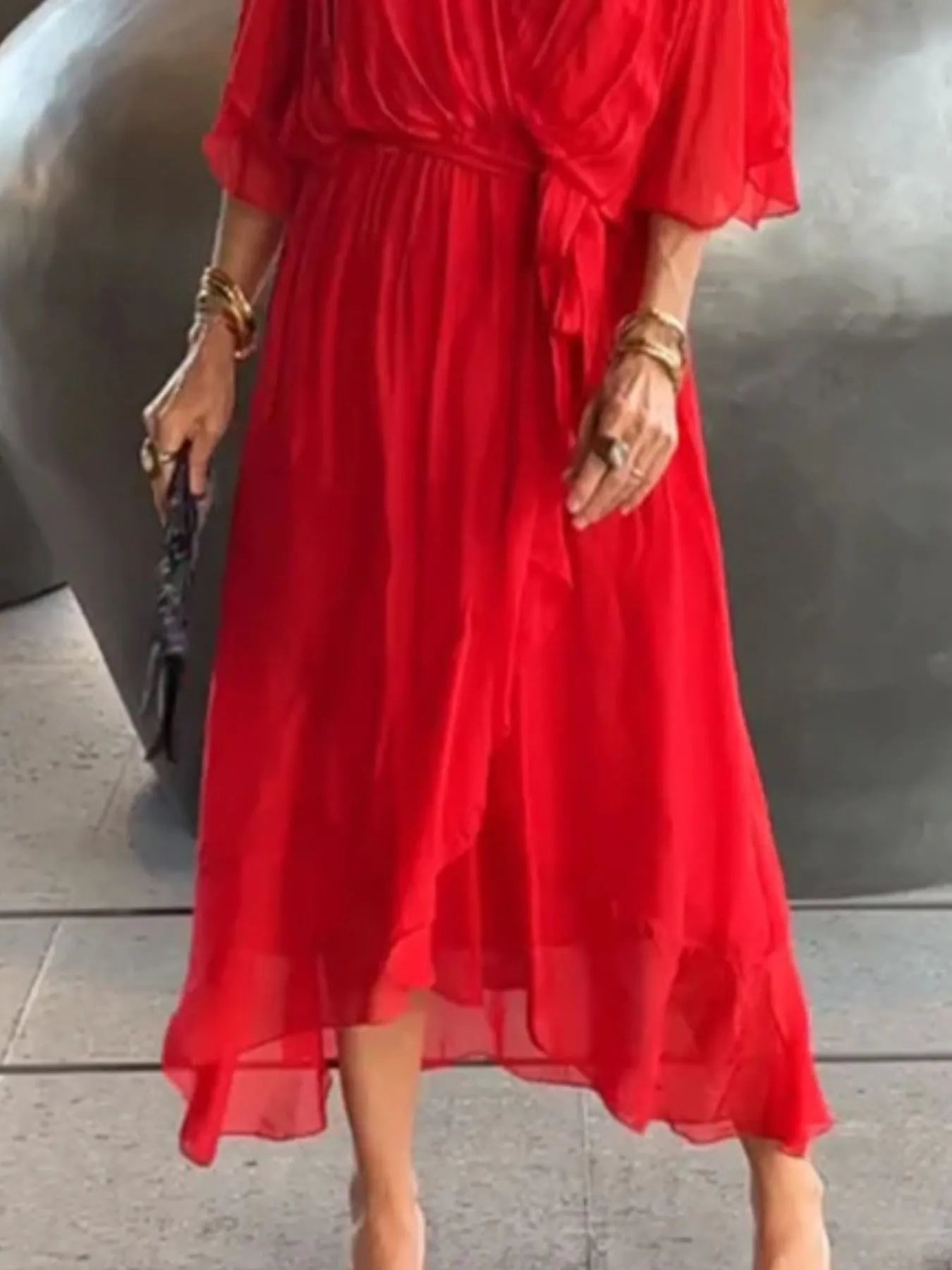 Full Size Flowy Tie Front Midi Dress with Flutter Sleeves Plus Size - MAD RUFFI