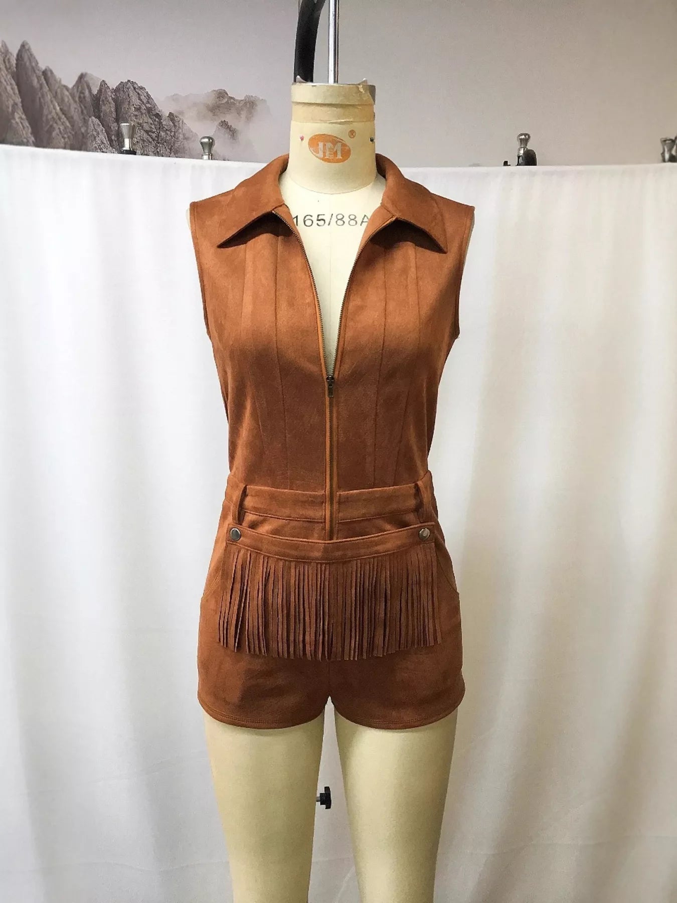 Full Size Fringe Zip Front Sleeveless Romper Plus Size - MAD RUFFI