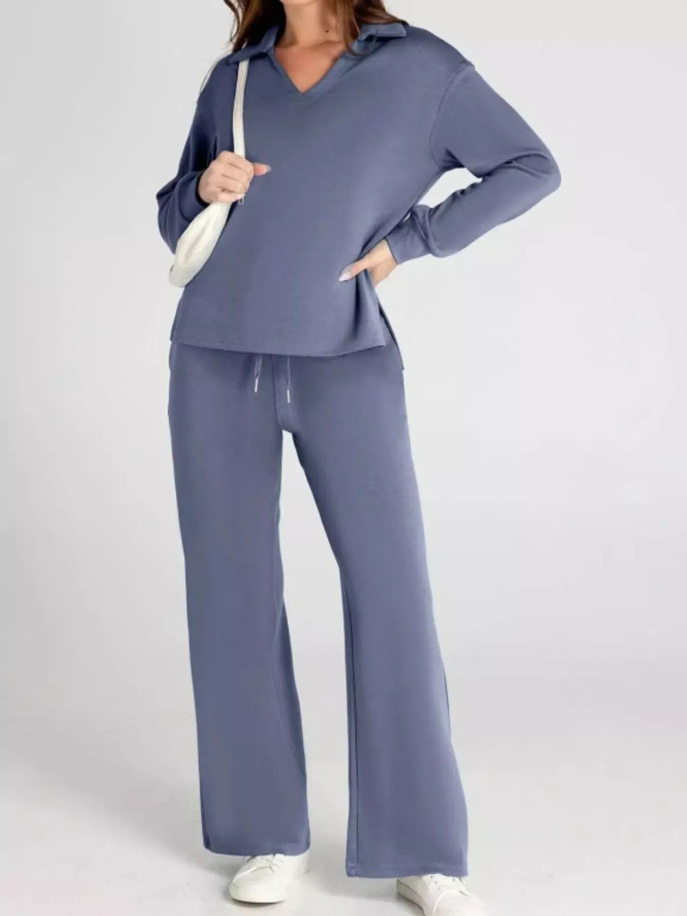Full Size Johnny Collar Long Sleeve Top and Pants Plus Size - MAD RUFFI