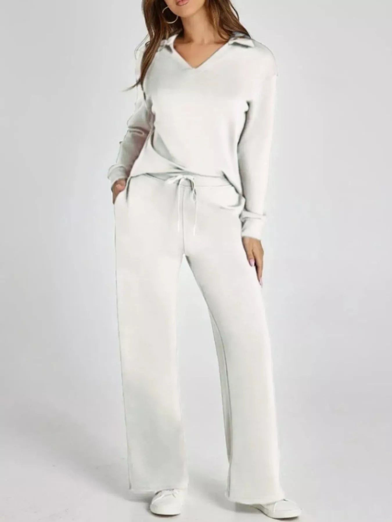 Full Size Johnny Collar Long Sleeve Top and Pants Plus Size - MAD RUFFI