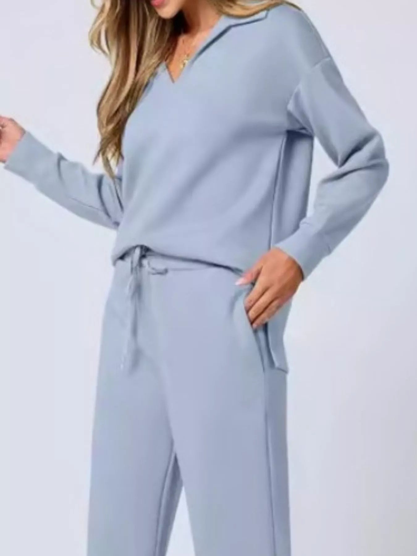 Full Size Johnny Collar Long Sleeve Top and Pants Plus Size - MAD RUFFI