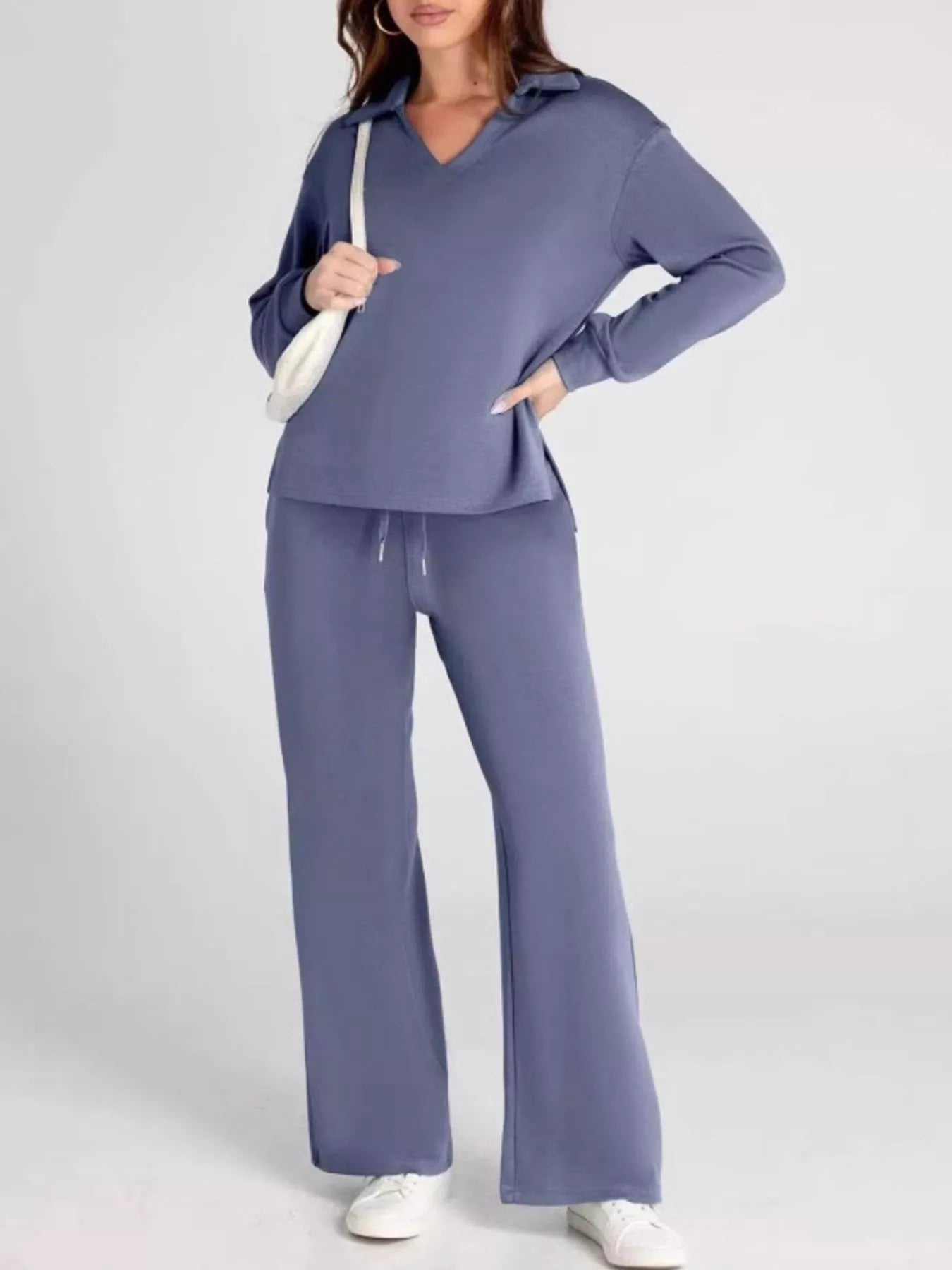 Full Size Johnny Collar Long Sleeve Top and Pants Plus Size - MAD RUFFI