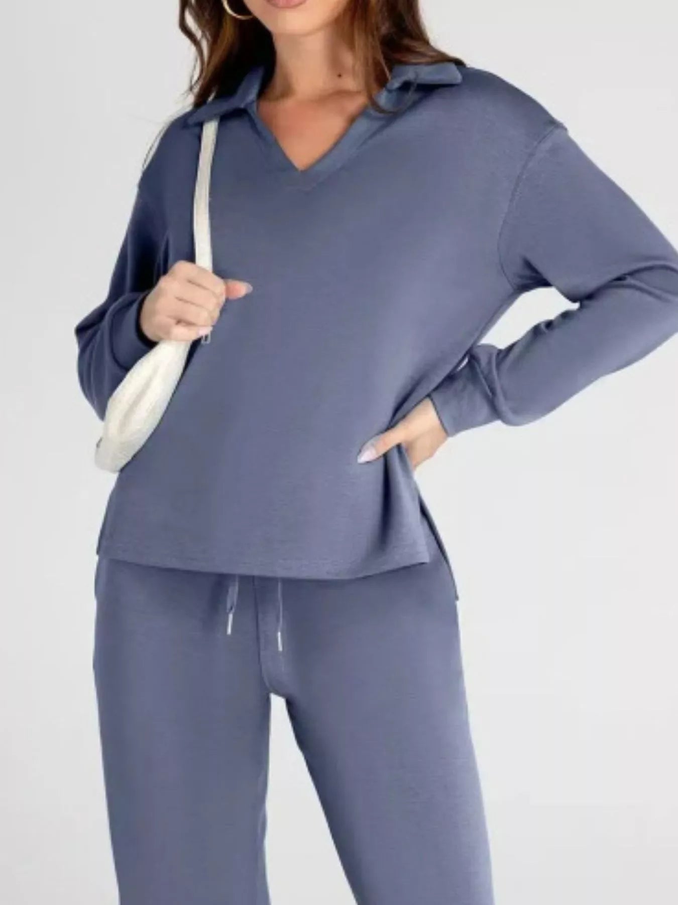 Full Size Johnny Collar Long Sleeve Top and Pants Plus Size - MAD RUFFI