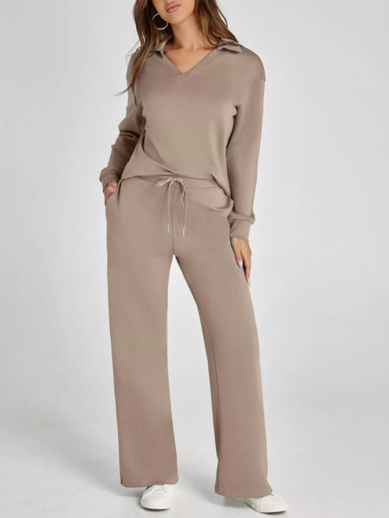 Full Size Johnny Collar Long Sleeve Top and Pants Plus Size - MAD RUFFI