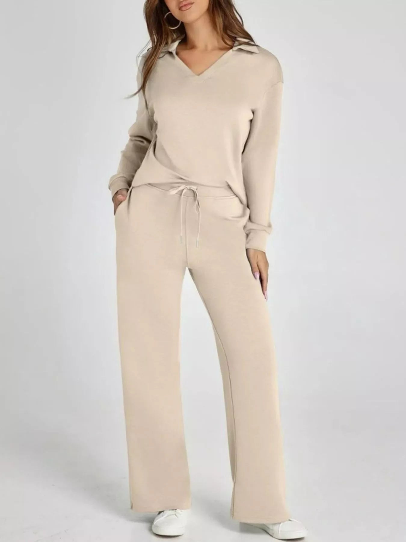 Full Size Johnny Collar Long Sleeve Top and Pants Plus Size - MAD RUFFI