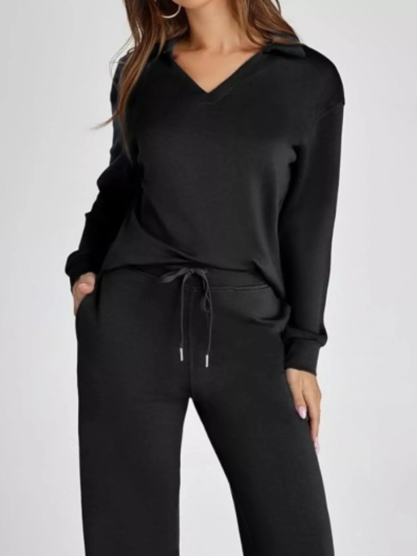 Full Size Johnny Collar Long Sleeve Top and Pants Plus Size - MAD RUFFI