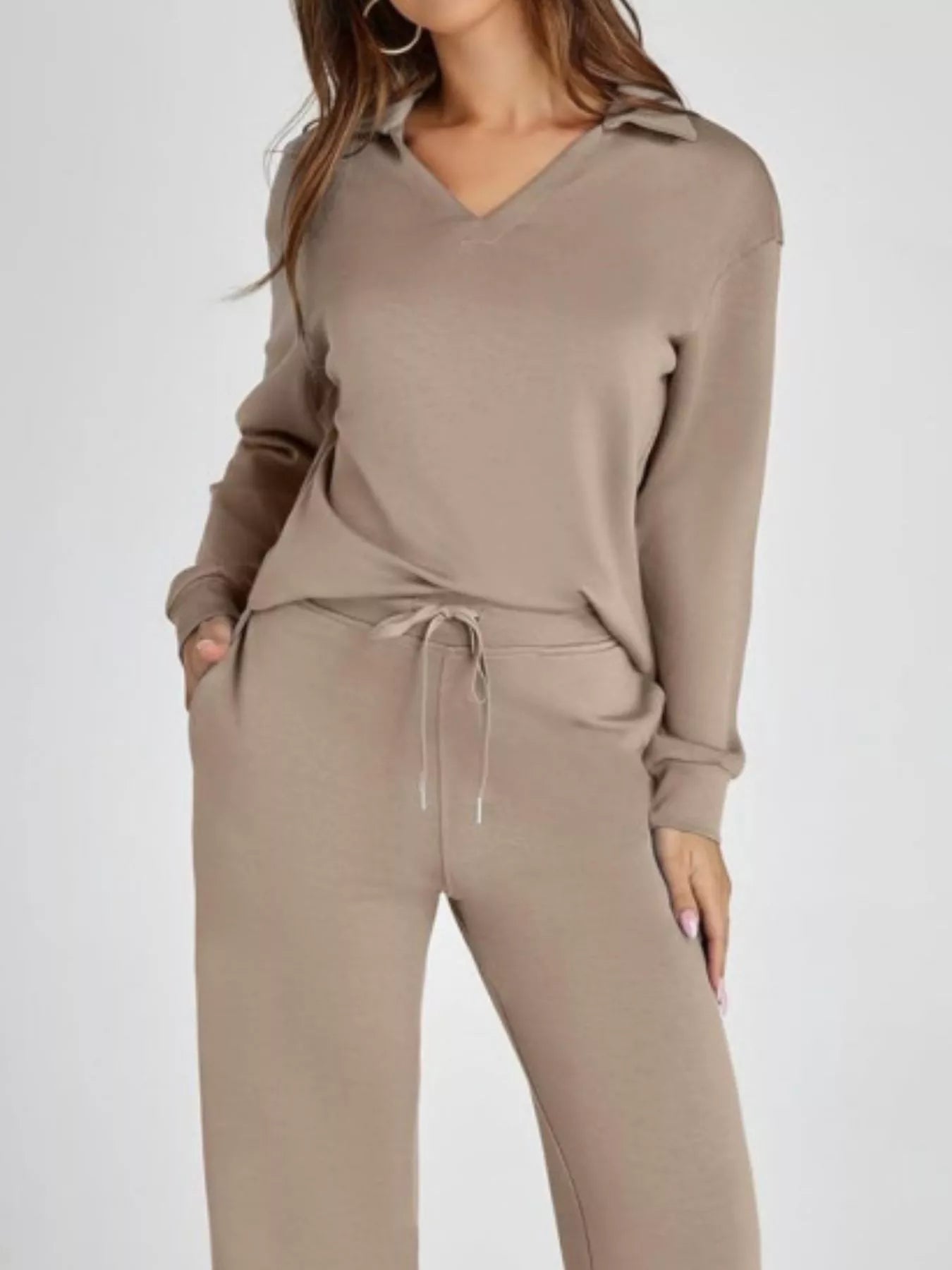 Full Size Johnny Collar Long Sleeve Top and Pants Plus Size - MAD RUFFI