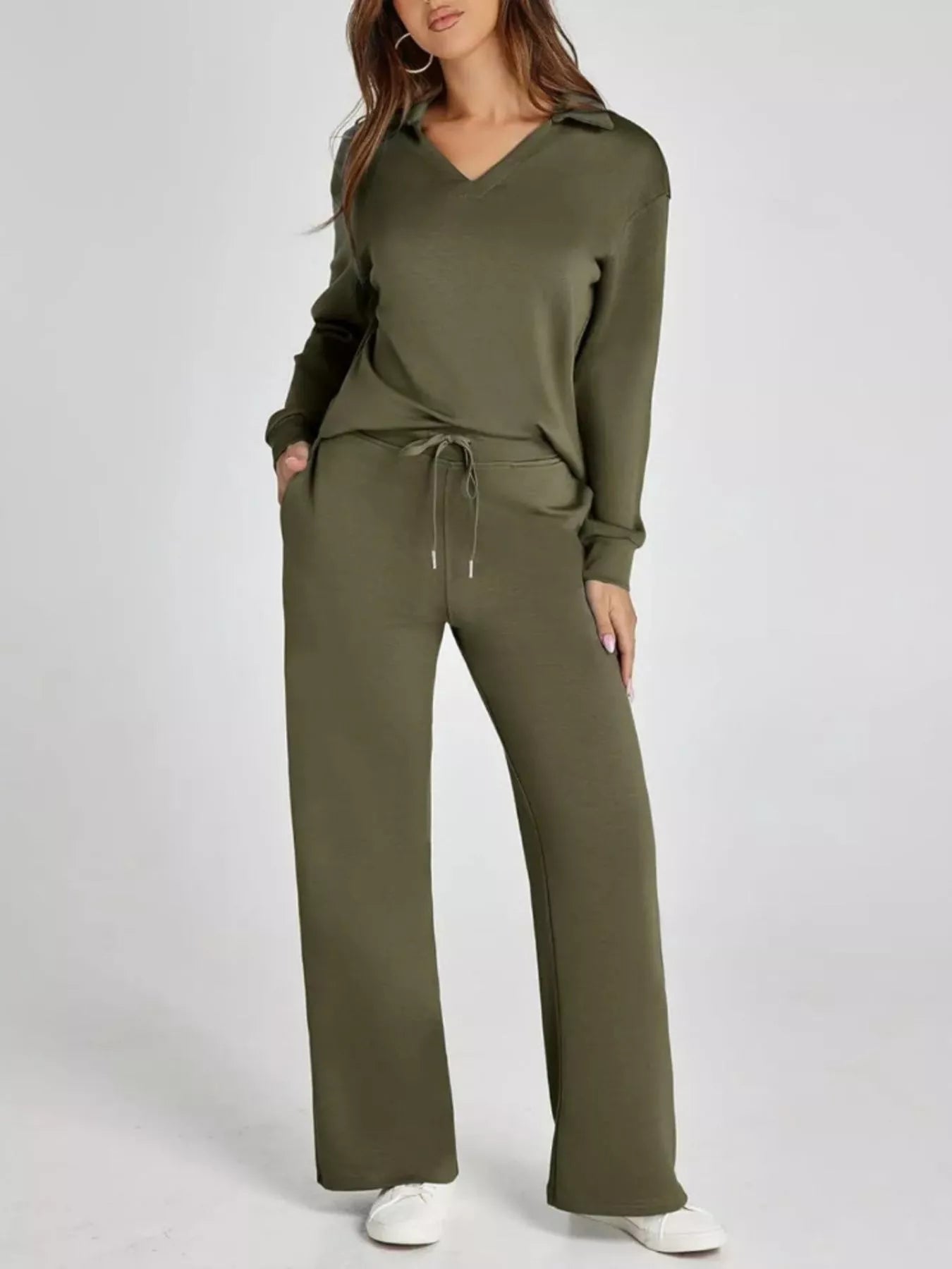 Full Size Johnny Collar Long Sleeve Top and Pants Plus Size - MAD RUFFI