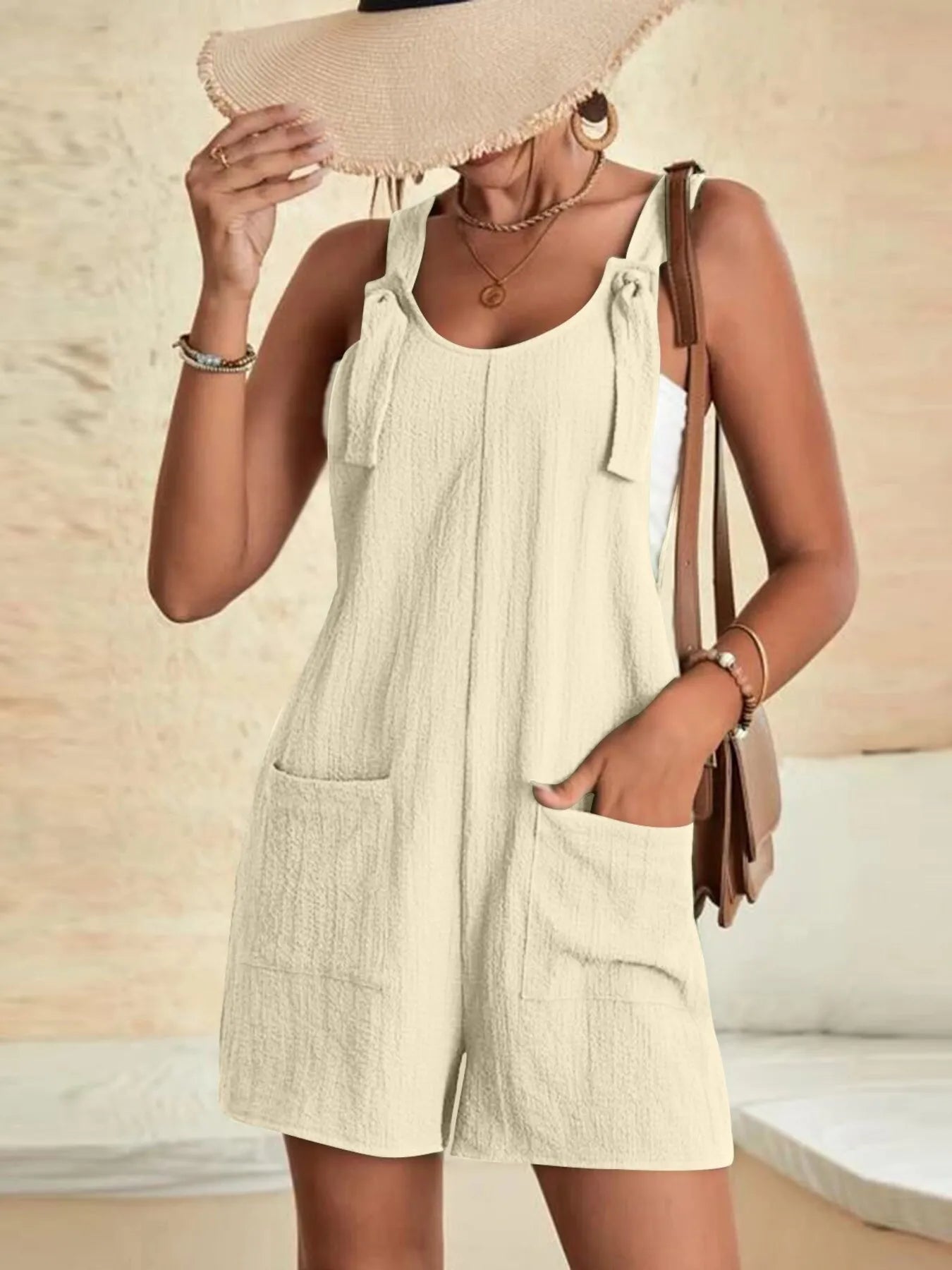 Full Size Knot Strap Romper with Pockets Plus Size - MAD RUFFI