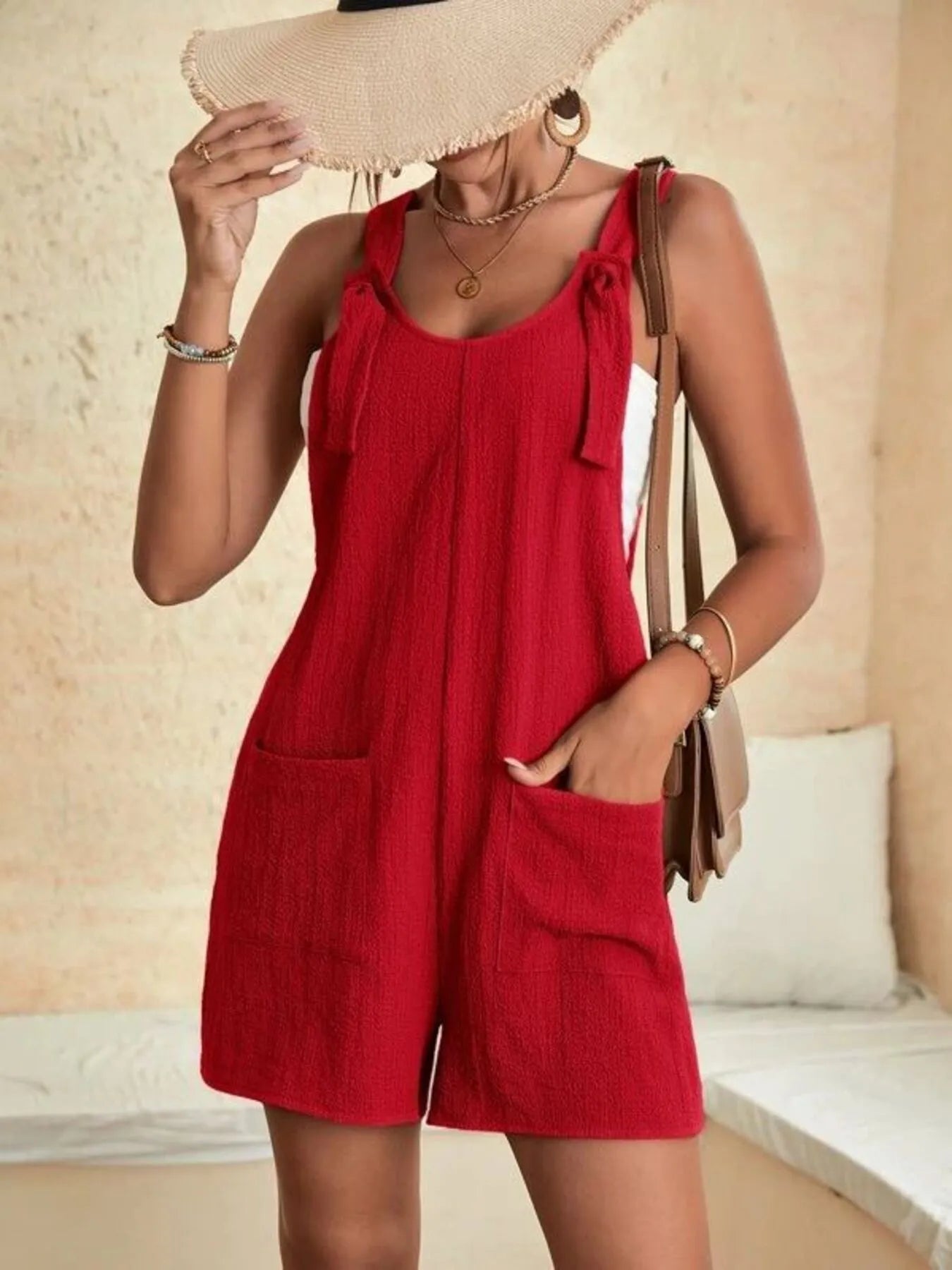 Full Size Knot Strap Romper with Pockets Plus Size - MAD RUFFI