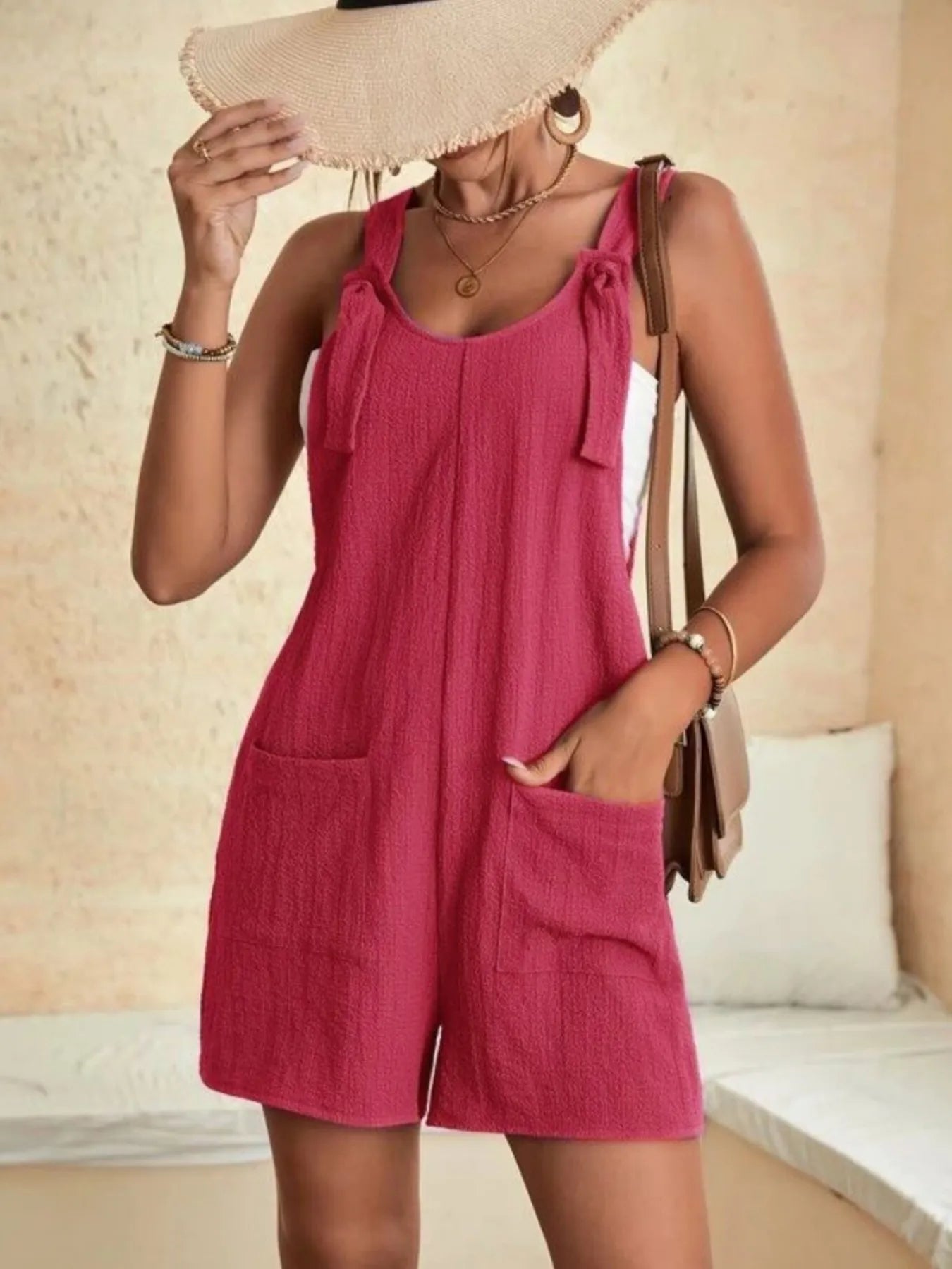 Full Size Knot Strap Romper with Pockets Plus Size - MAD RUFFI