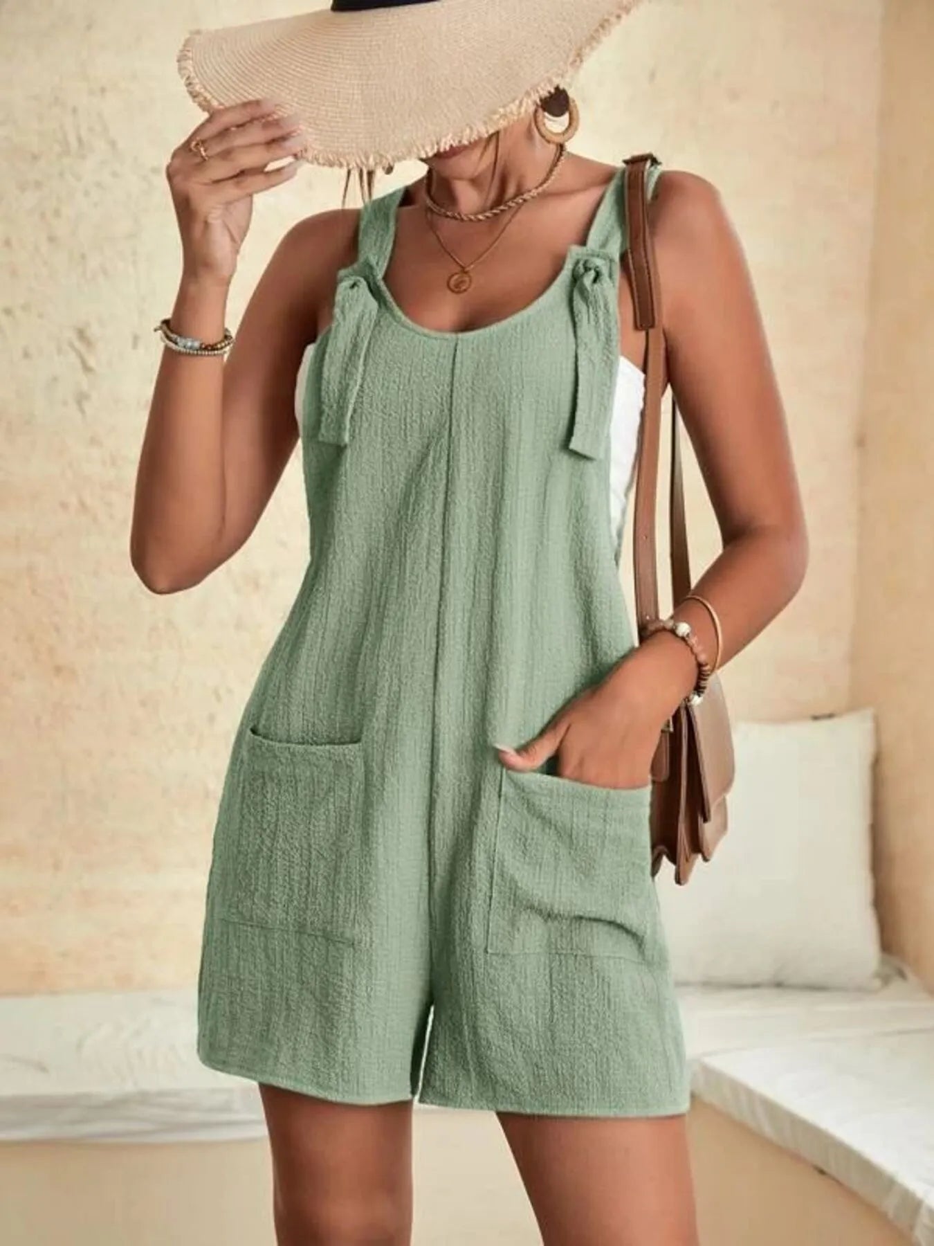 Full Size Knot Strap Romper with Pockets Plus Size - MAD RUFFI