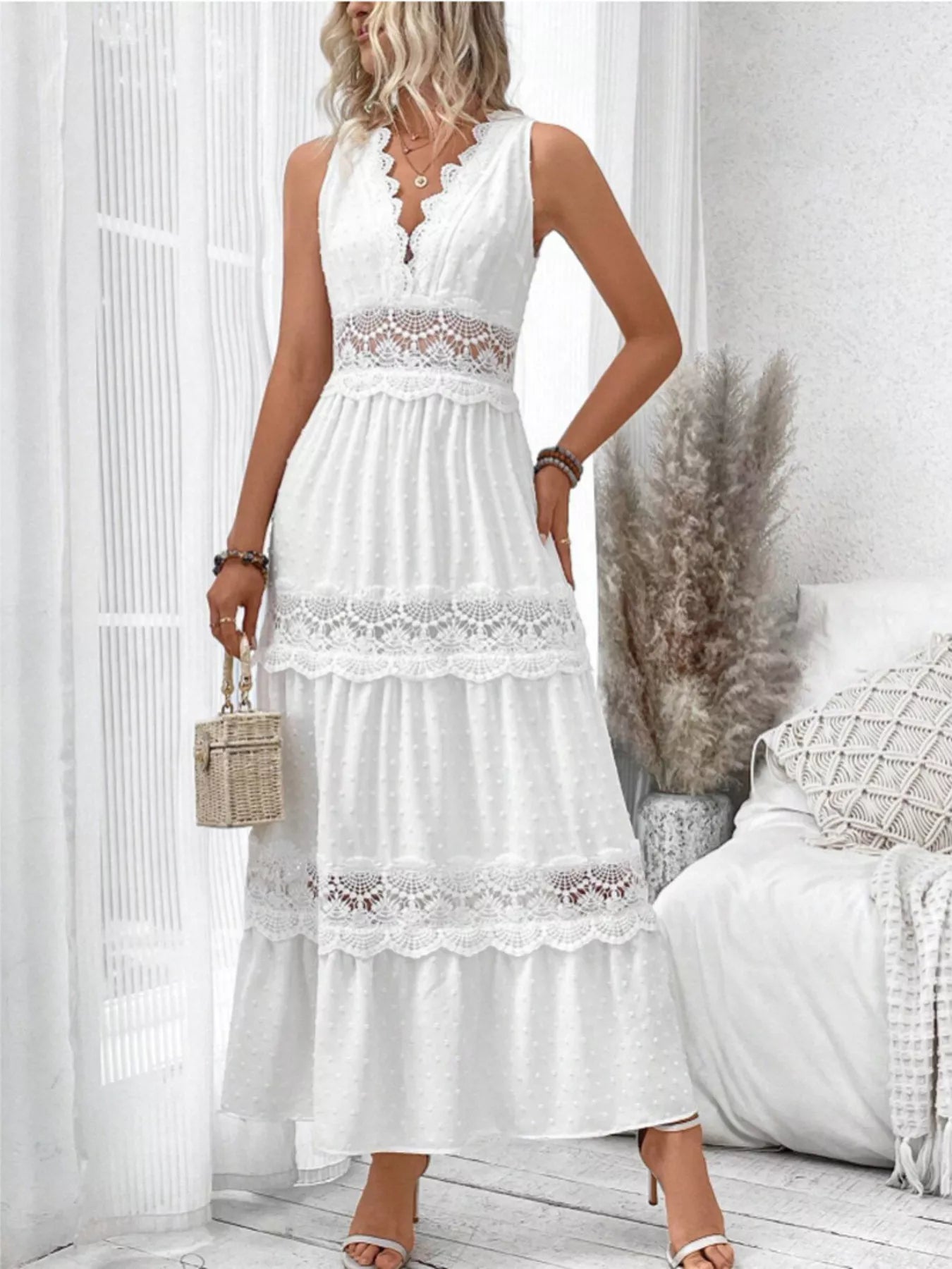 Full Size Lace Detail Tie Back Sleeveless Tiered Dress Plus Size - MAD RUFFI