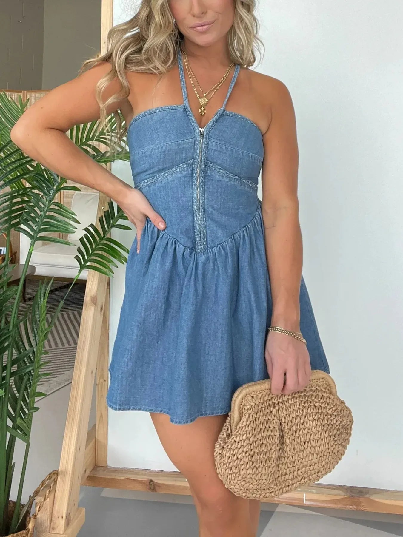 Full Size Lace Up Halter Neck Denim Dress Plus Size - MAD RUFFI