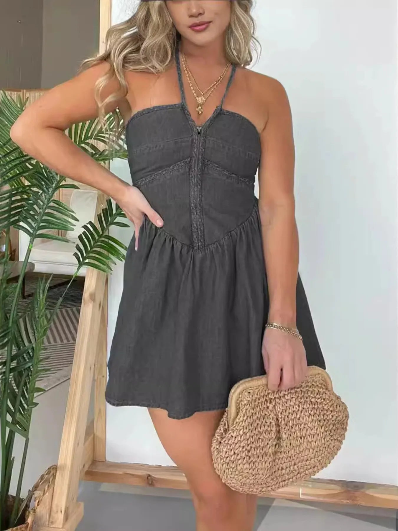 Full Size Lace Up Halter Neck Denim Dress Plus Size - MAD RUFFI
