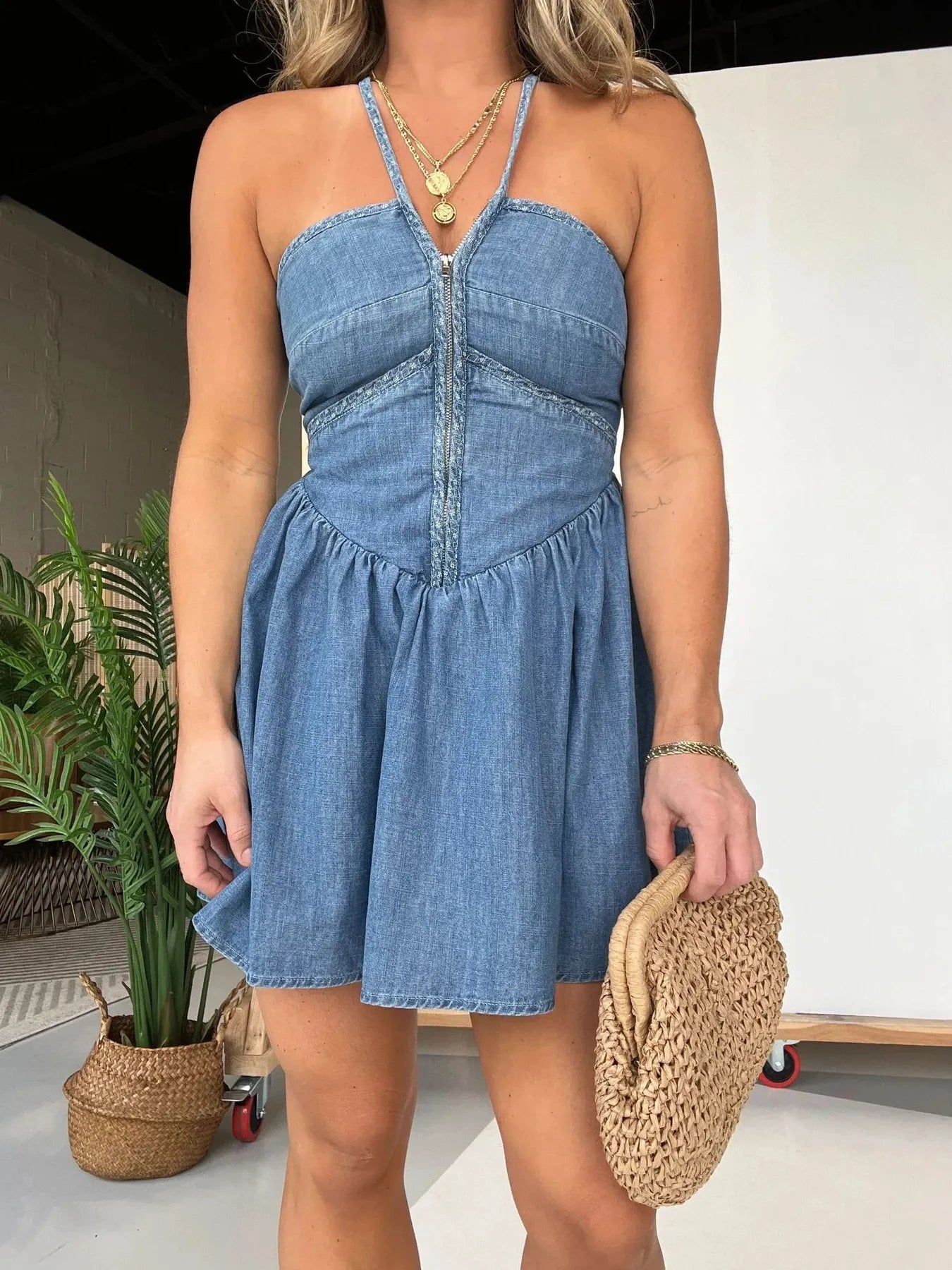 Full Size Lace Up Halter Neck Denim Dress Plus Size - MAD RUFFI