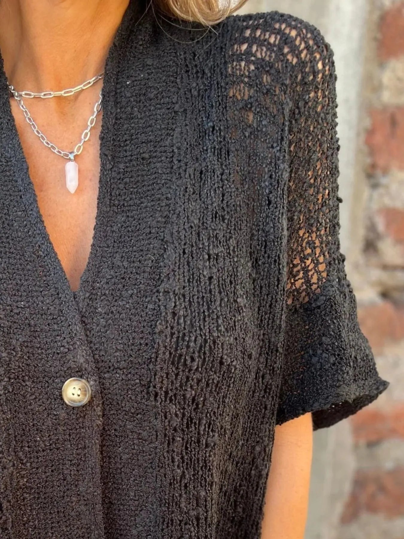 Full Size One Button Openwork Cardigan Plus Size - MAD RUFFI