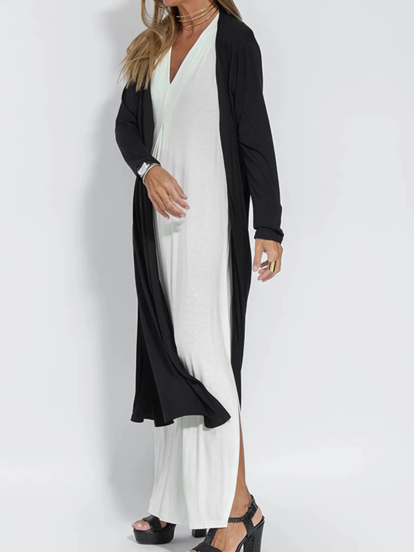 Full Size Open Front Side Slit Longline Cardigan Plus Size - MAD RUFFI