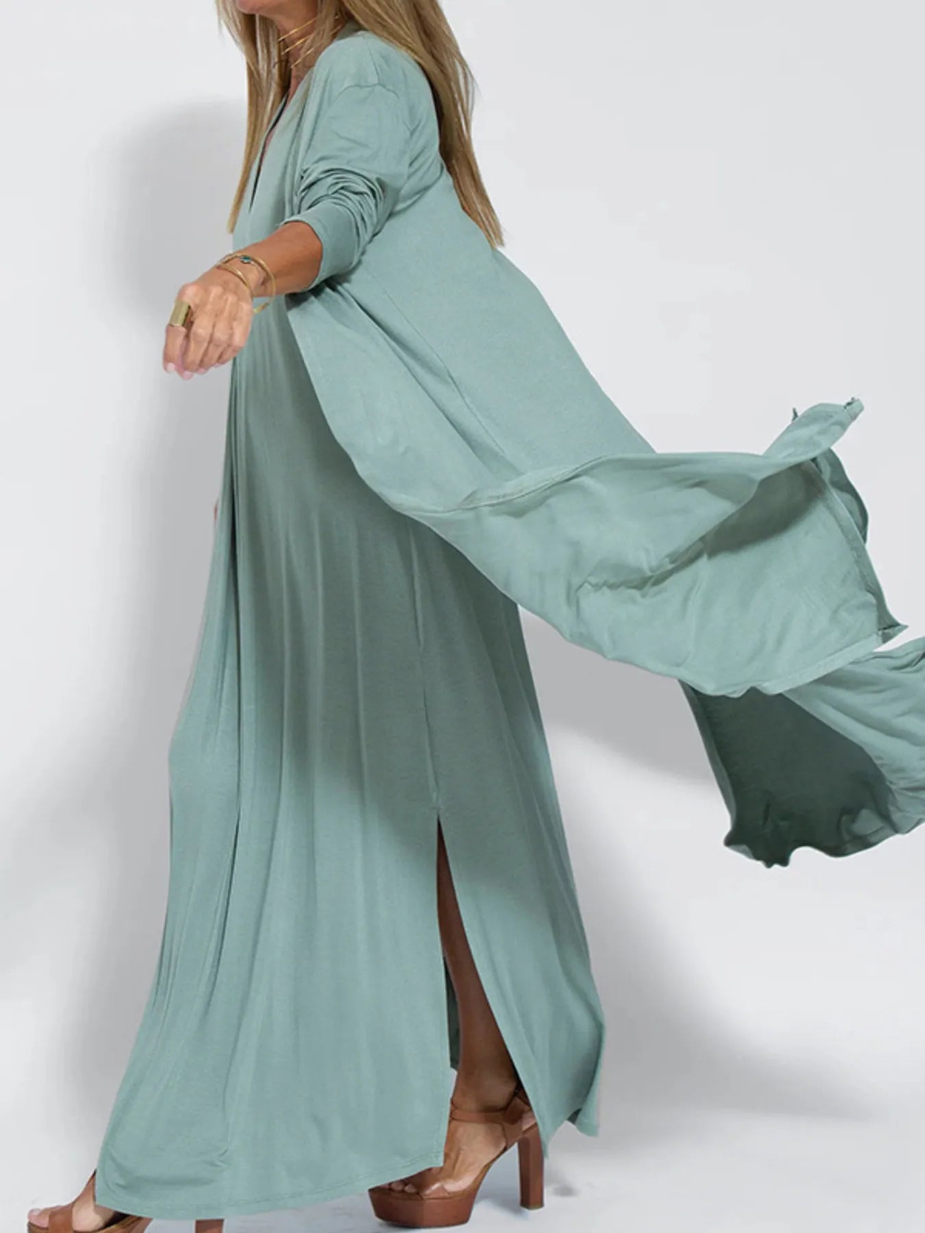 Full Size Open Front Side Slit Longline Cardigan Plus Size - MAD RUFFI