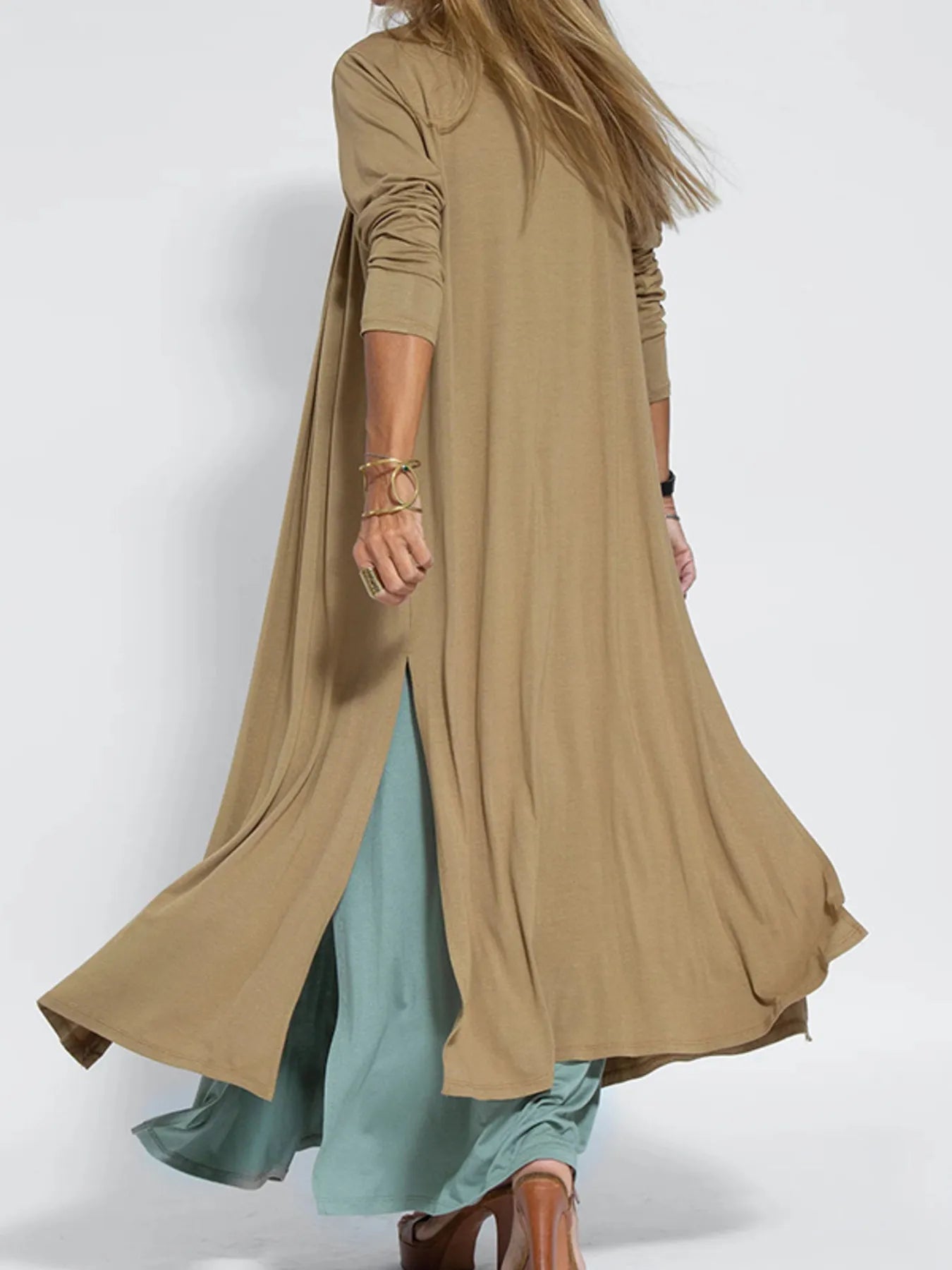 Full Size Open Front Side Slit Longline Cardigan Plus Size - MAD RUFFI