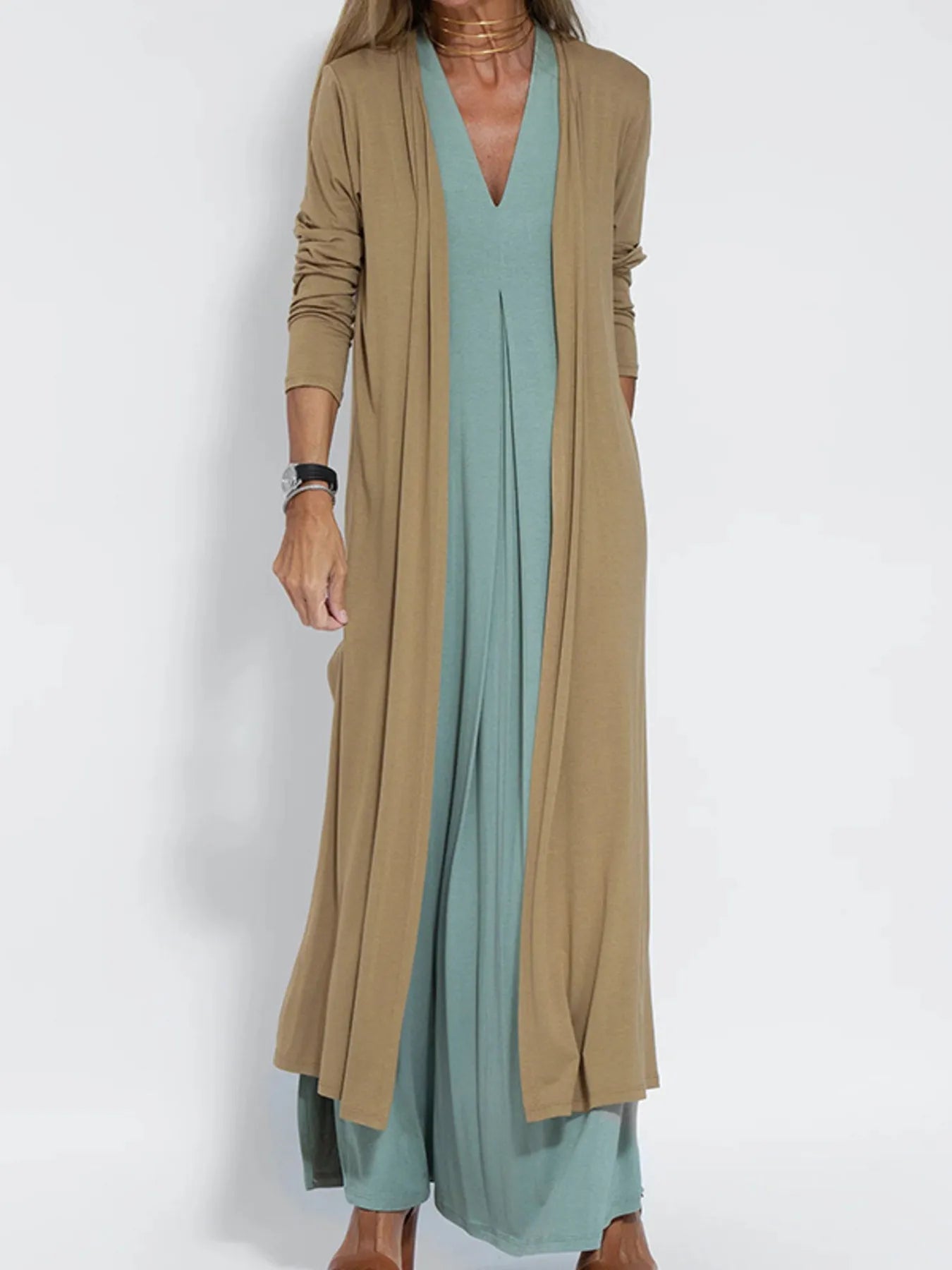 Full Size Open Front Side Slit Longline Cardigan Plus Size - MAD RUFFI