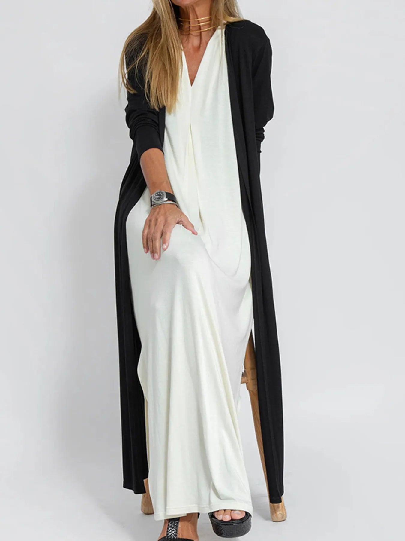 Full Size Open Front Side Slit Longline Cardigan Plus Size - MAD RUFFI