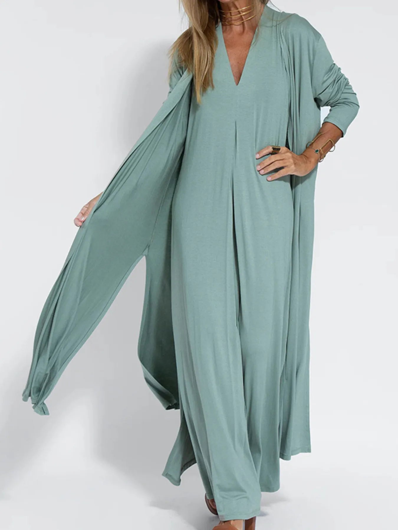 Full Size Open Front Side Slit Longline Cardigan Plus Size - MAD RUFFI