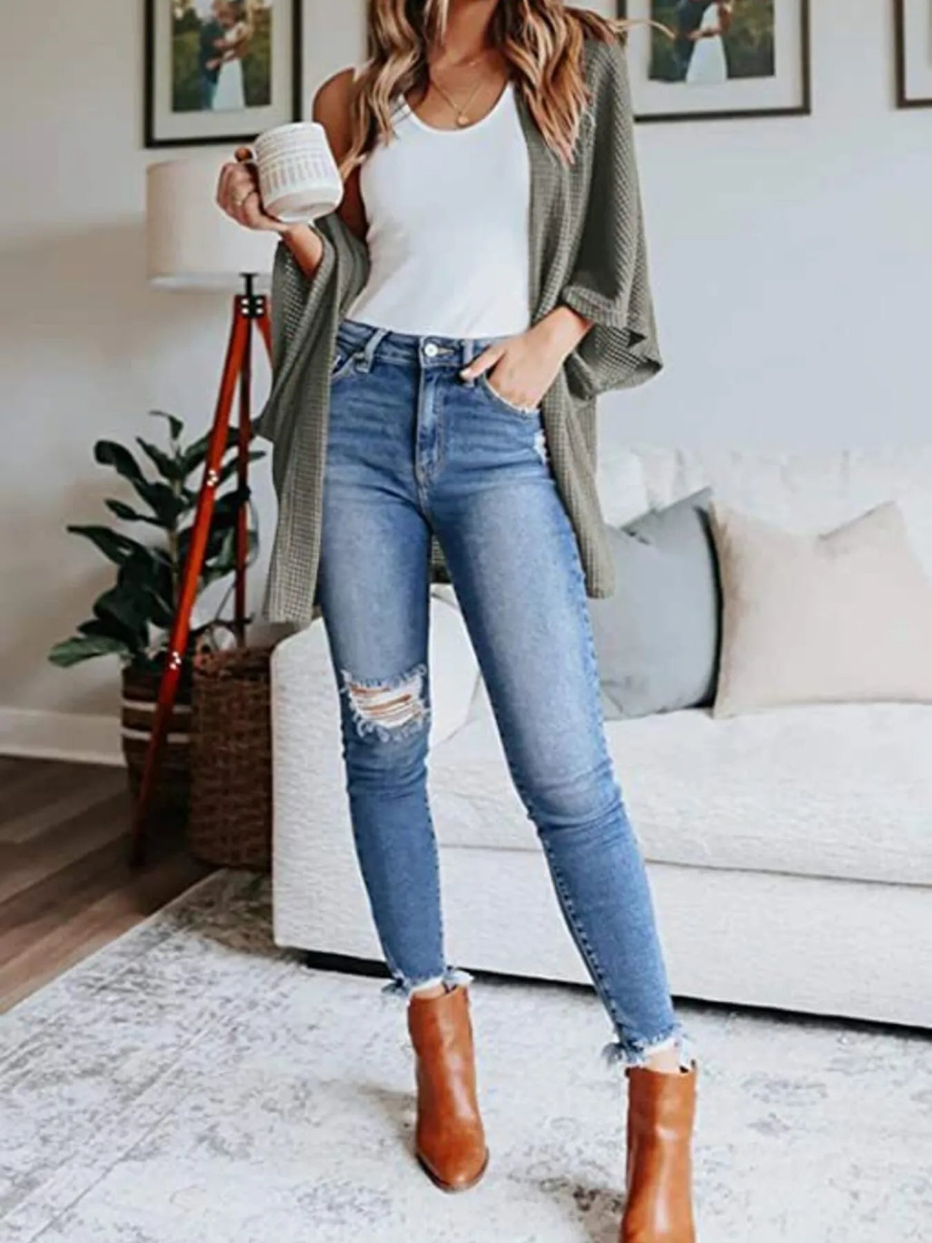 Full Size Open Front Waffle Knit Cardigan Plus Size - MAD RUFFI