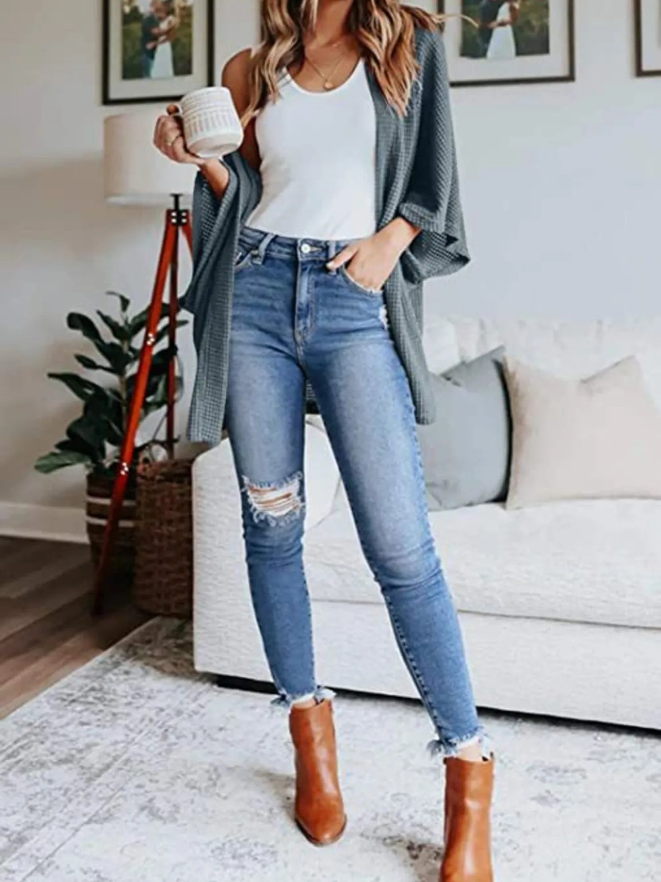 Full Size Open Front Waffle Knit Cardigan Plus Size - MAD RUFFI