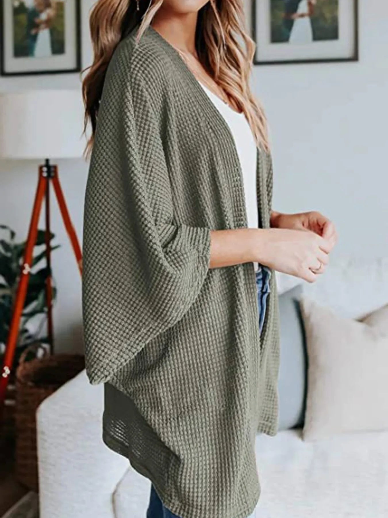 Full Size Open Front Waffle Knit Cardigan Plus Size - MAD RUFFI