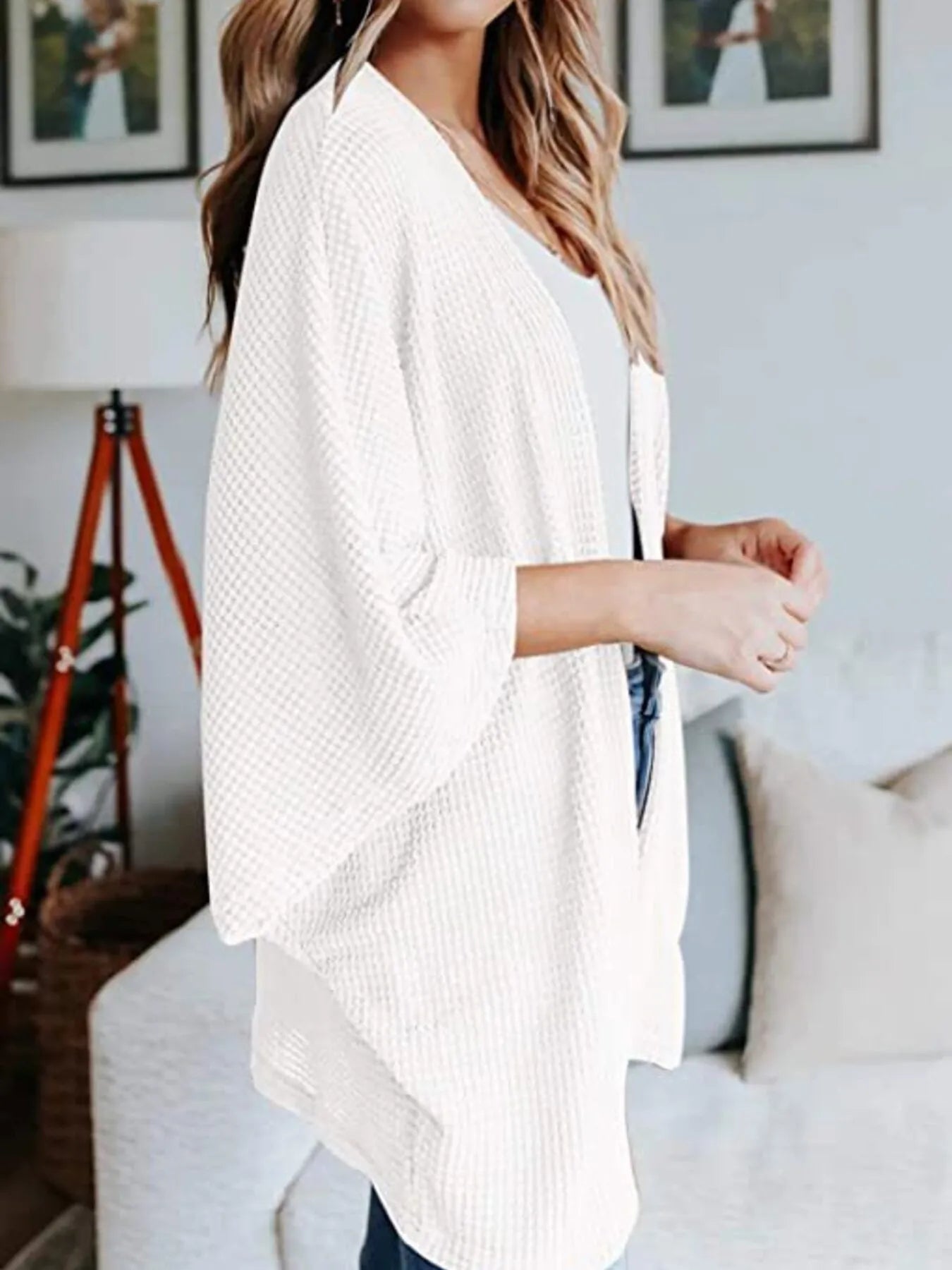 Full Size Open Front Waffle Knit Cardigan Plus Size - MAD RUFFI