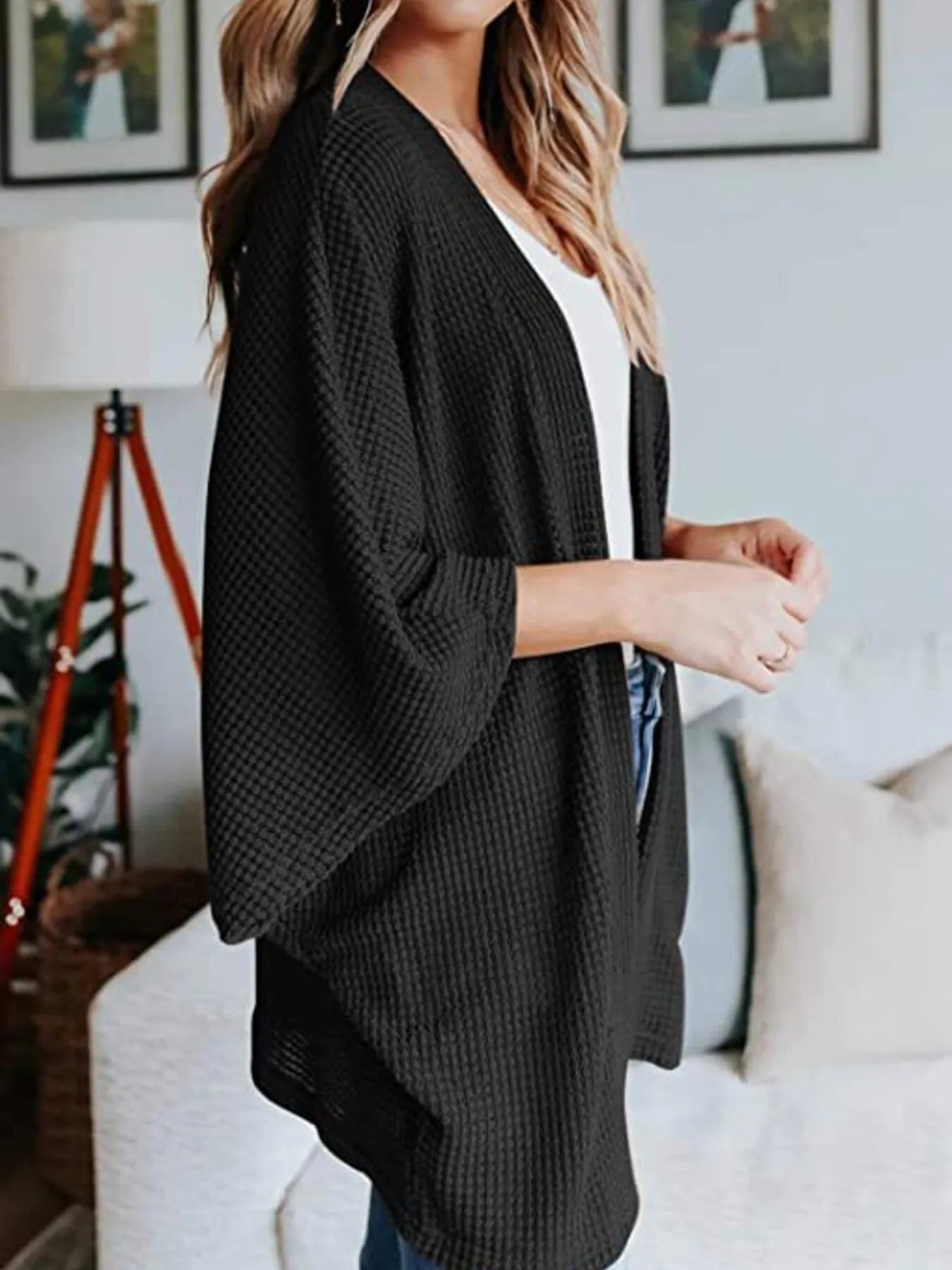 Full Size Open Front Waffle Knit Cardigan Plus Size - MAD RUFFI