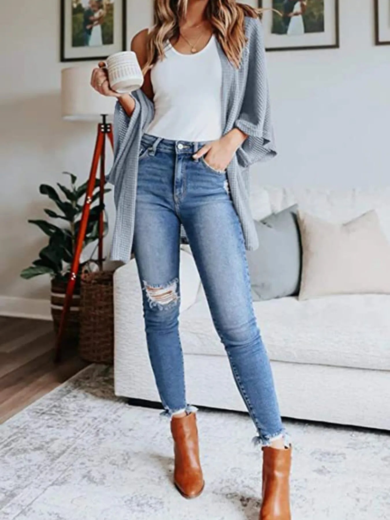 Full Size Open Front Waffle Knit Cardigan Plus Size - MAD RUFFI