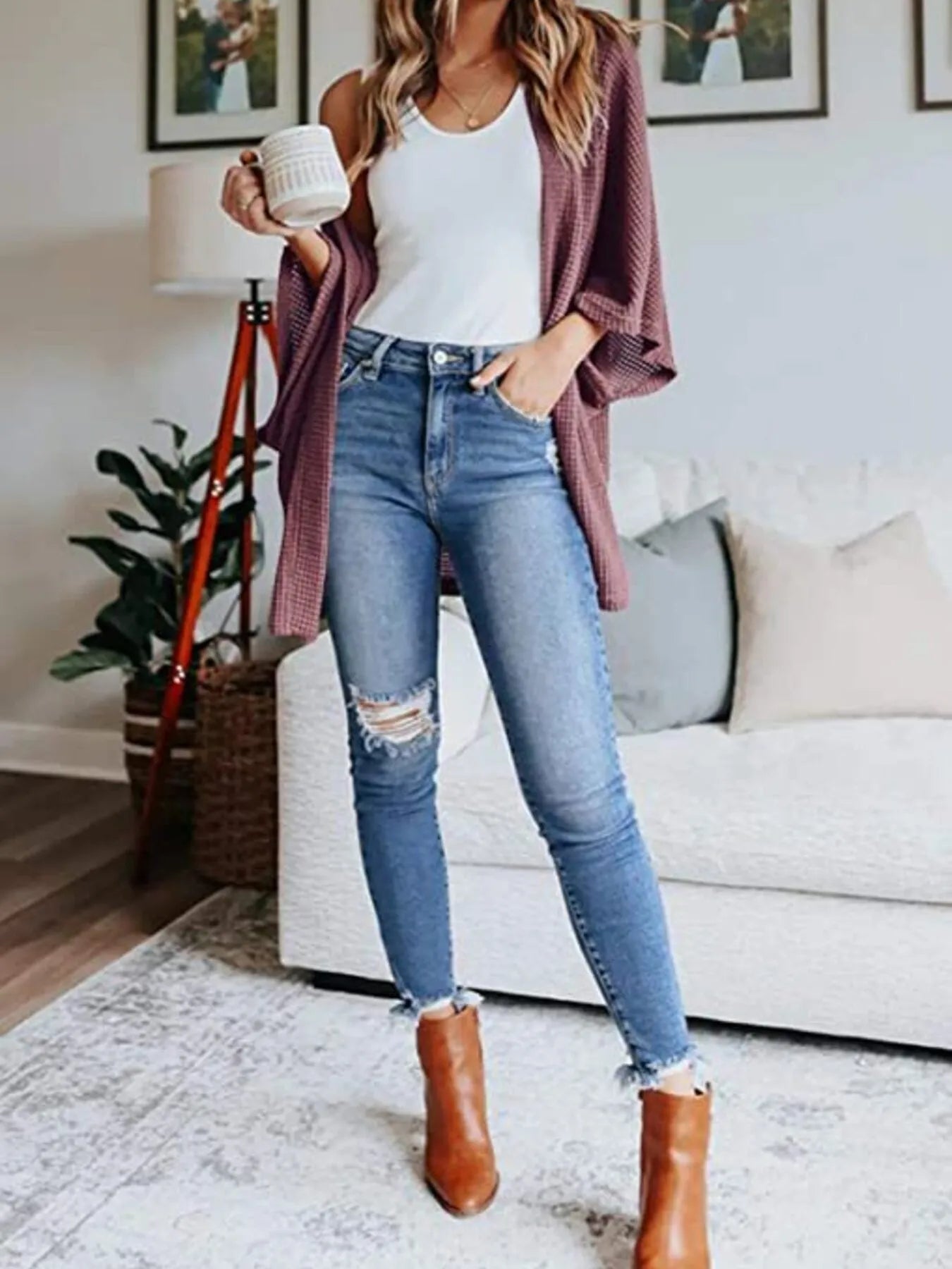 Full Size Open Front Waffle Knit Cardigan Plus Size - MAD RUFFI