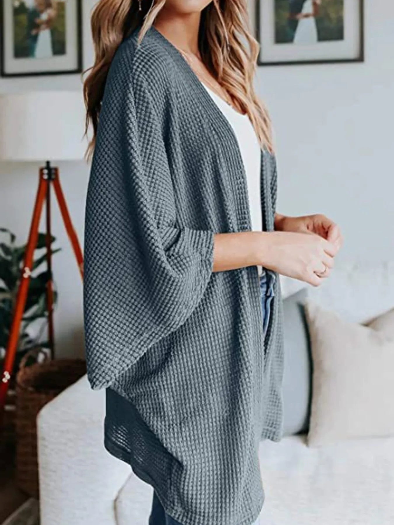 Full Size Open Front Waffle Knit Cardigan Plus Size - MAD RUFFI