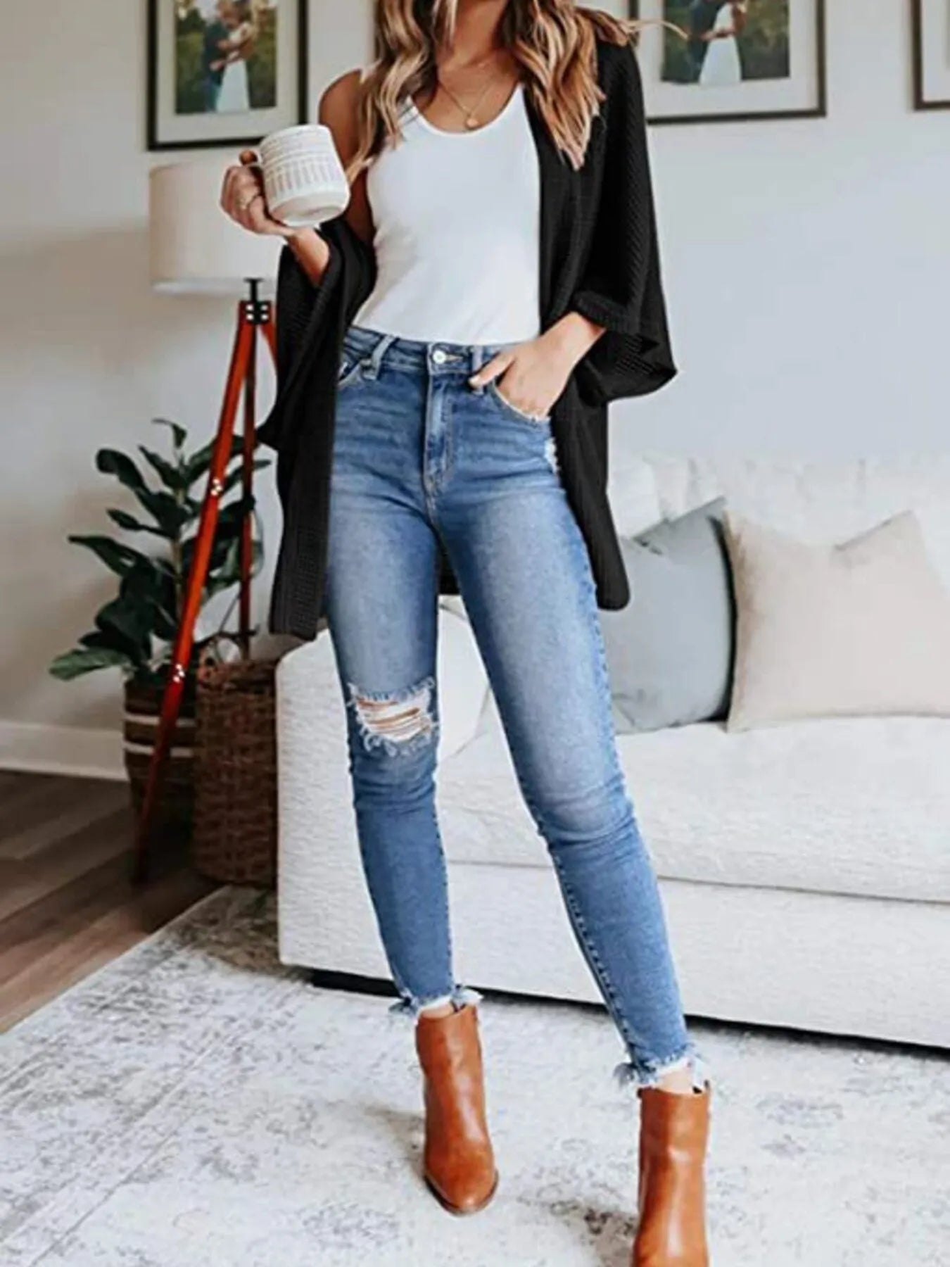 Full Size Open Front Waffle Knit Cardigan Plus Size - MAD RUFFI