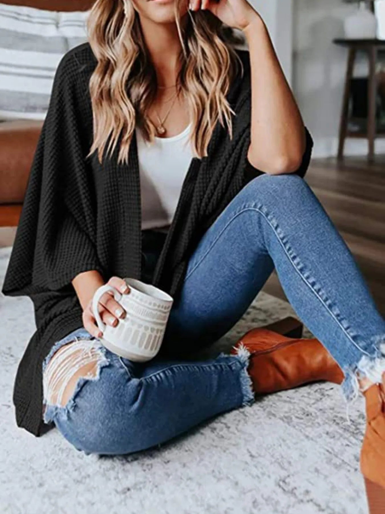 Full Size Open Front Waffle Knit Cardigan Plus Size - MAD RUFFI