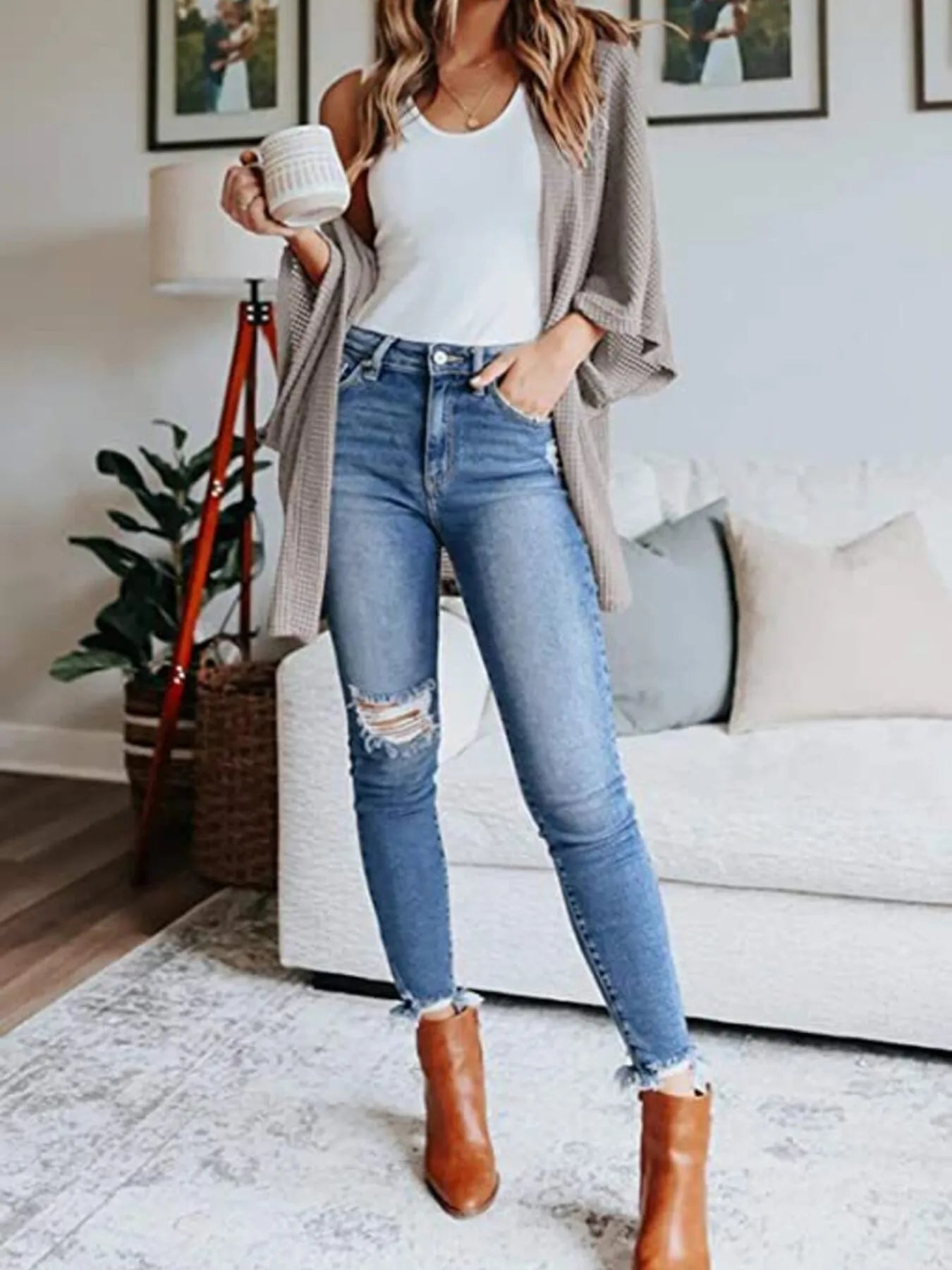 Full Size Open Front Waffle Knit Cardigan Plus Size - MAD RUFFI