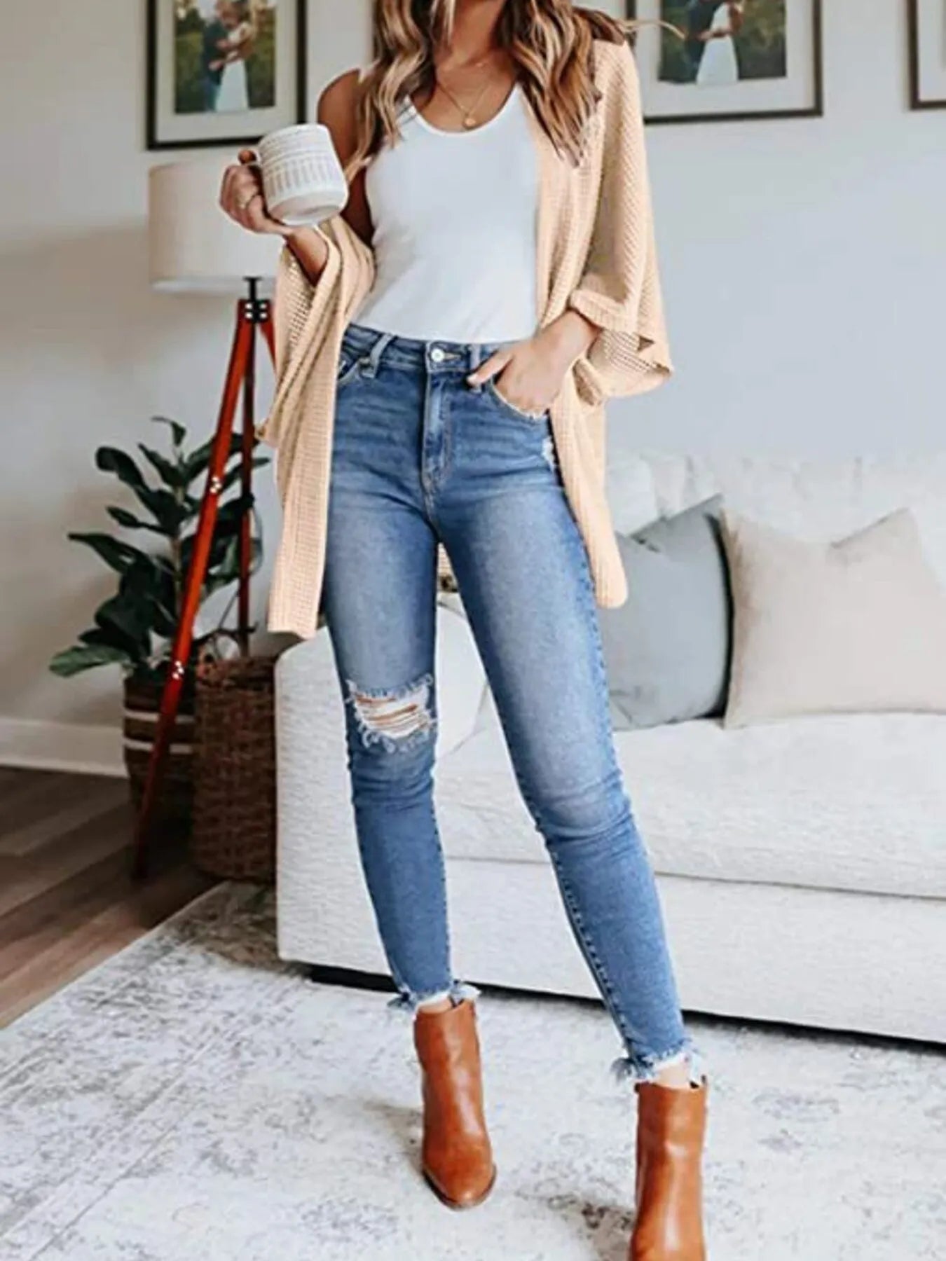 Full Size Open Front Waffle Knit Cardigan Plus Size - MAD RUFFI