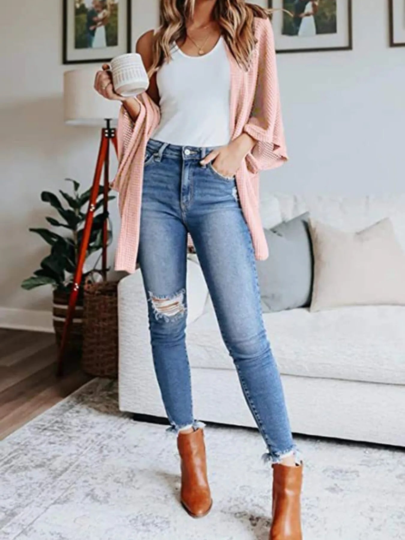 Full Size Open Front Waffle Knit Cardigan Plus Size - MAD RUFFI