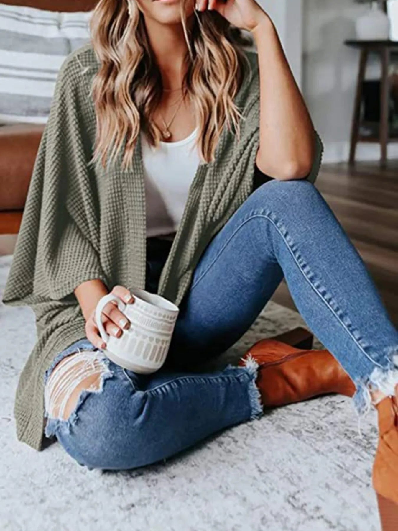 Full Size Open Front Waffle Knit Cardigan Plus Size - MAD RUFFI