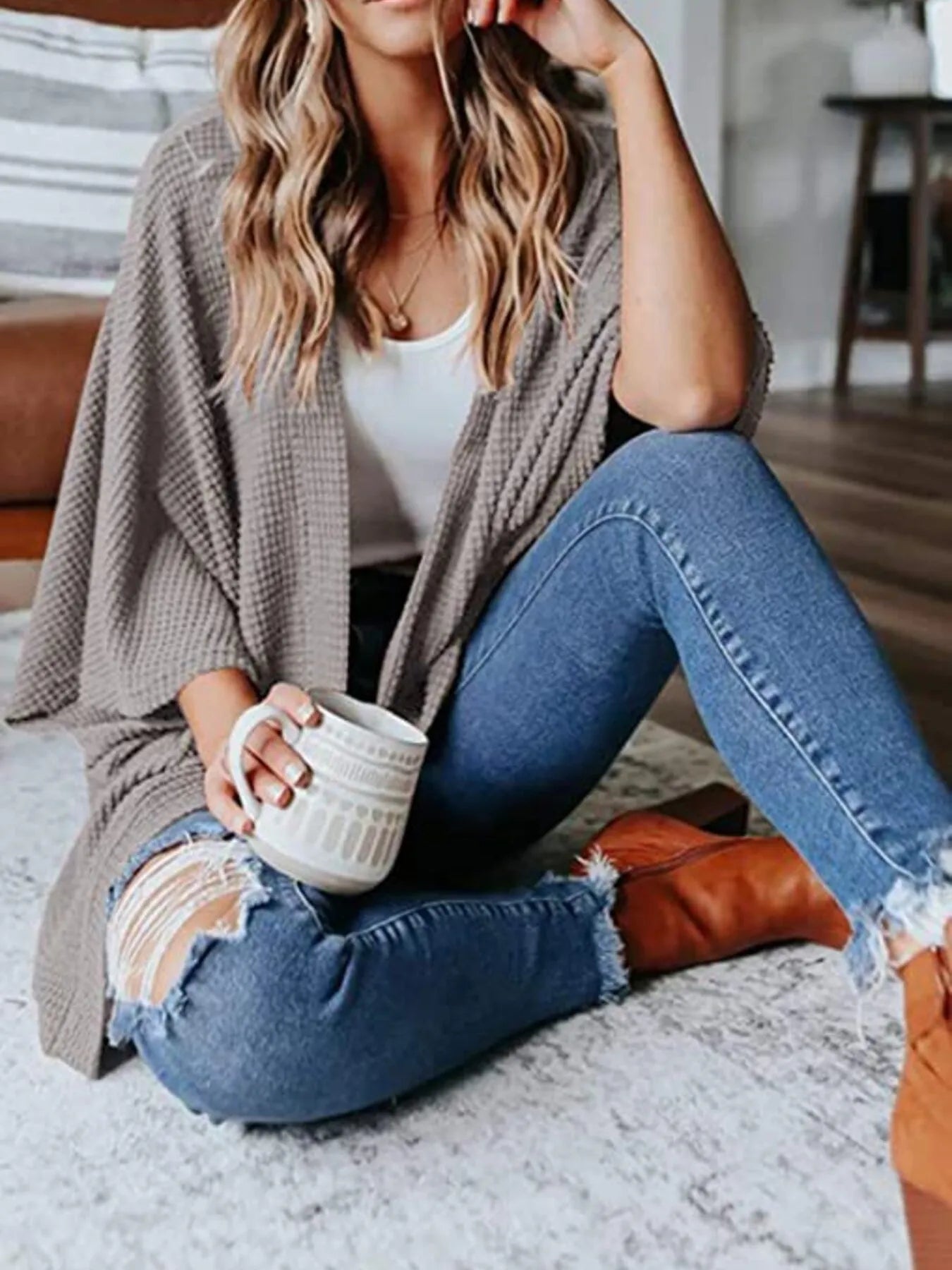 Full Size Open Front Waffle Knit Cardigan Plus Size - MAD RUFFI