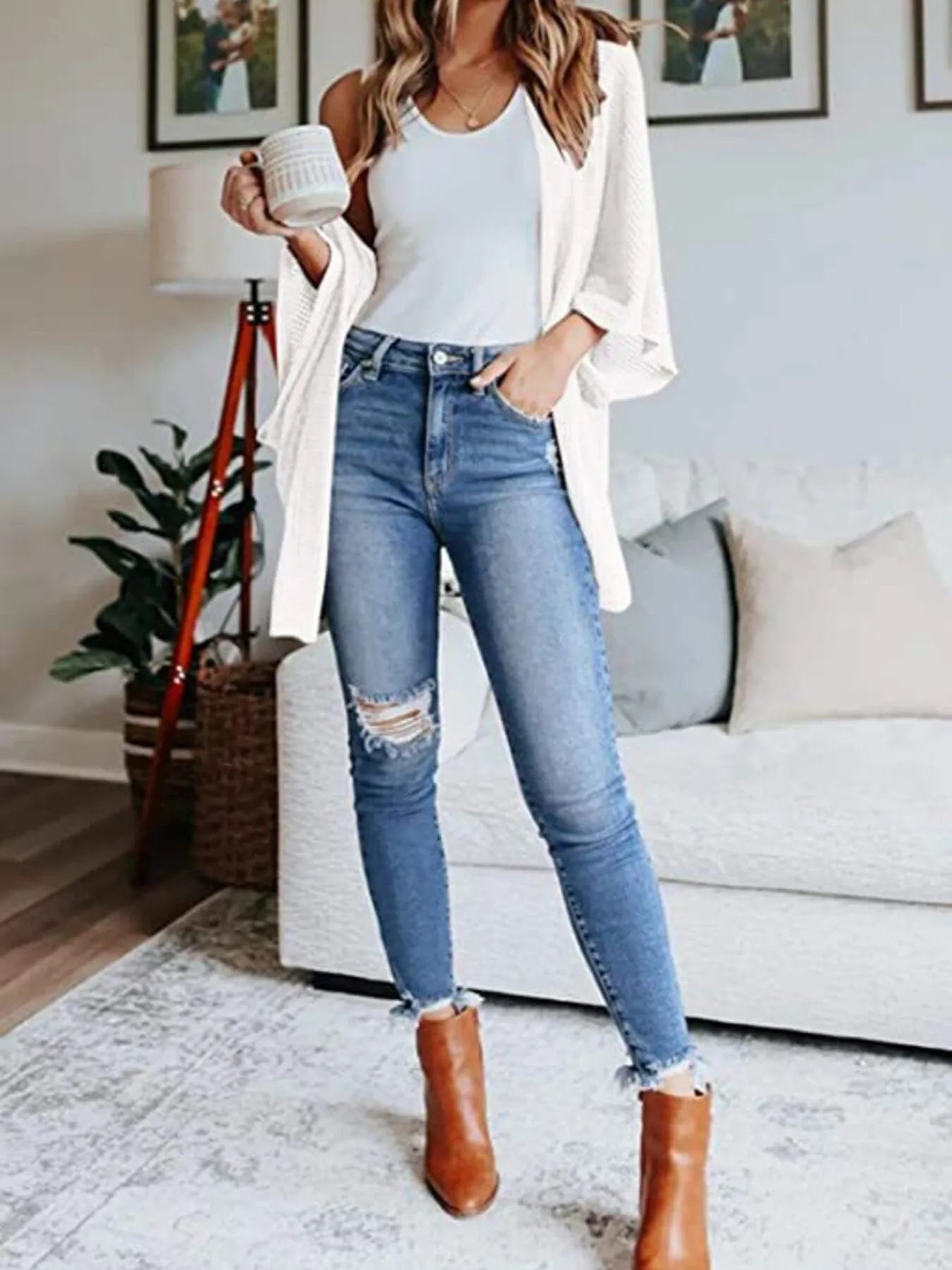 Full Size Open Front Waffle Knit Cardigan Plus Size - MAD RUFFI