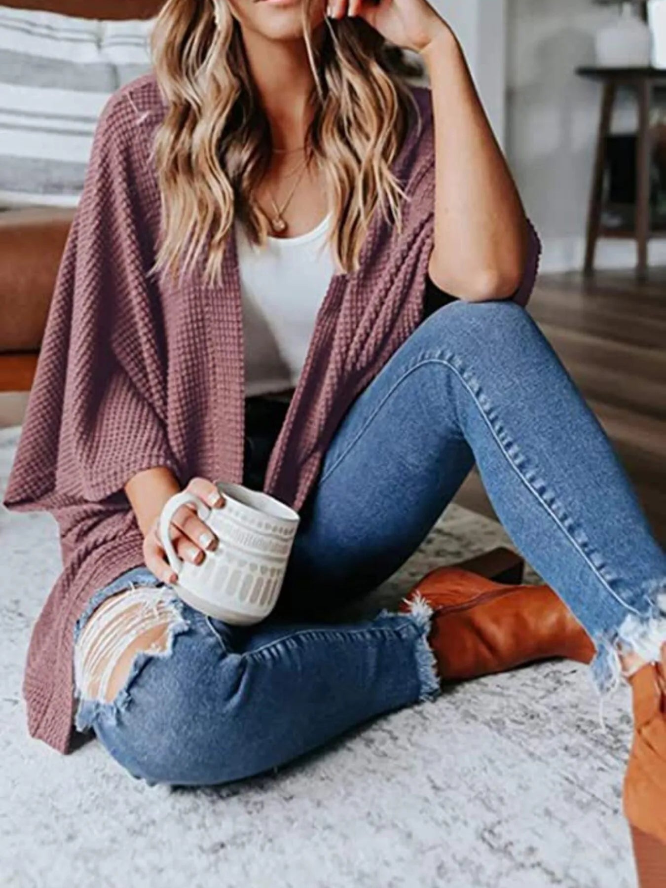 Full Size Open Front Waffle Knit Cardigan Plus Size - MAD RUFFI