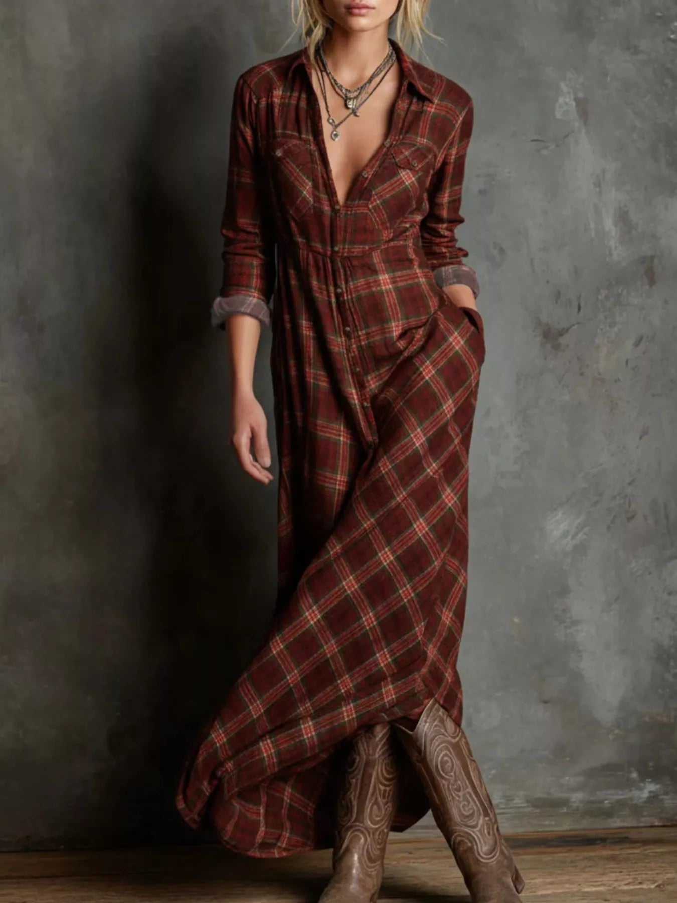 Full Size Plaid Button - Down Maxi Dress Plus Size - MAD RUFFI Full Size Plaid Button - Down Maxi Dress Plus Size - MAD RUFFI