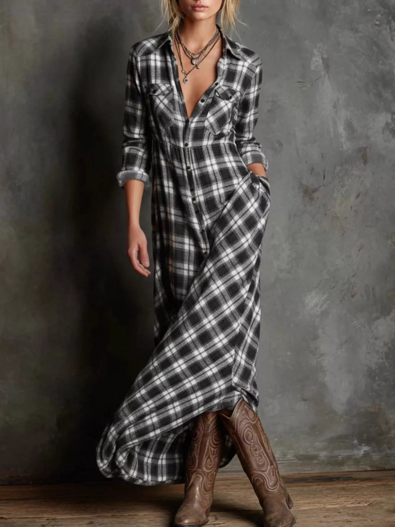 Full Size Plaid Button - Down Maxi Dress Plus Size