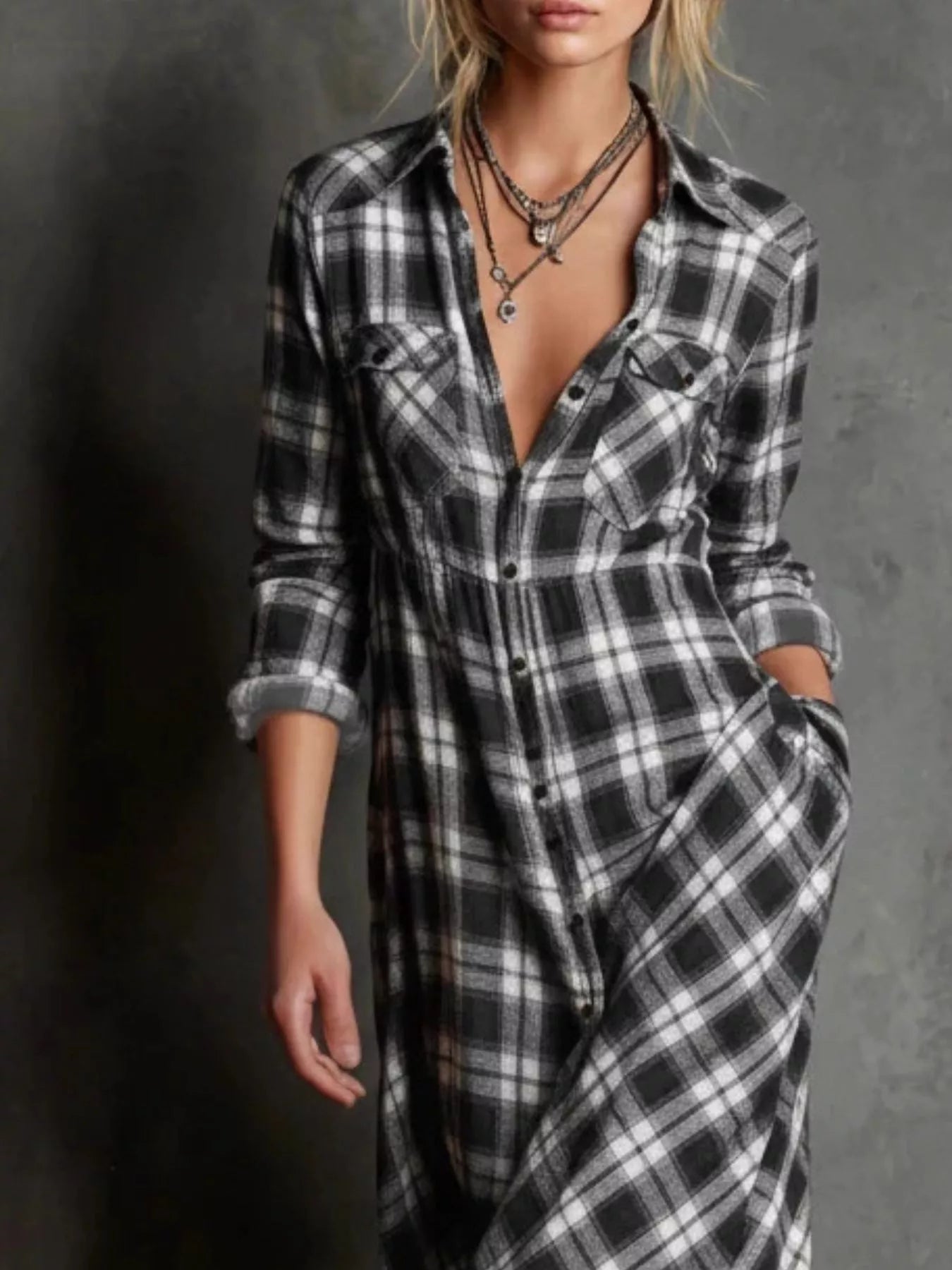 Full Size Plaid Button - Down Maxi Dress Plus Size
