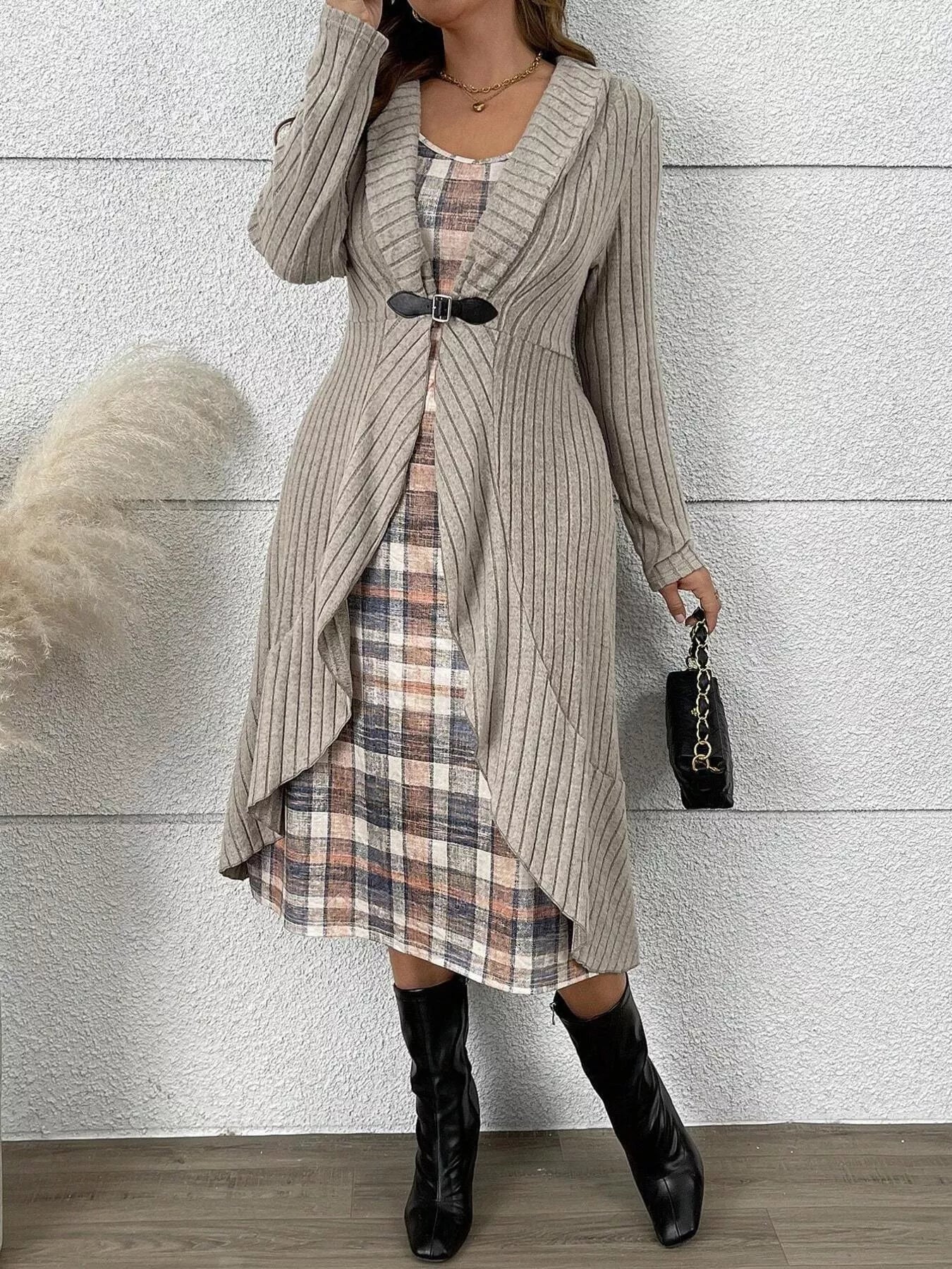 Full Size Plaid Dress & Ribbed Knit Cardigan Set Plus Size - MAD RUFFI
