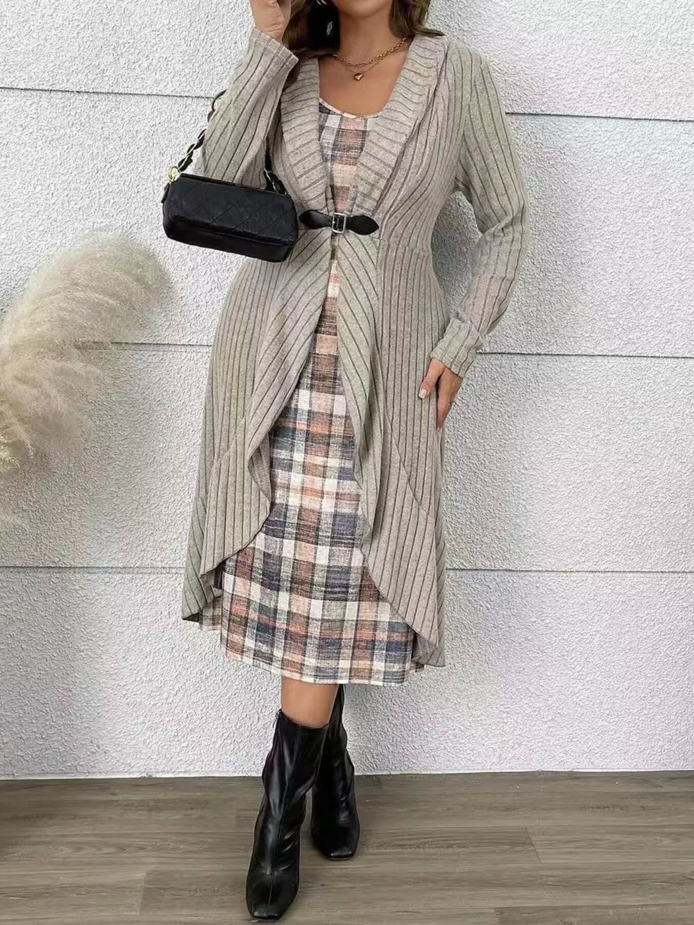 Full Size Plaid Dress & Ribbed Knit Cardigan Set Plus Size - MAD RUFFI